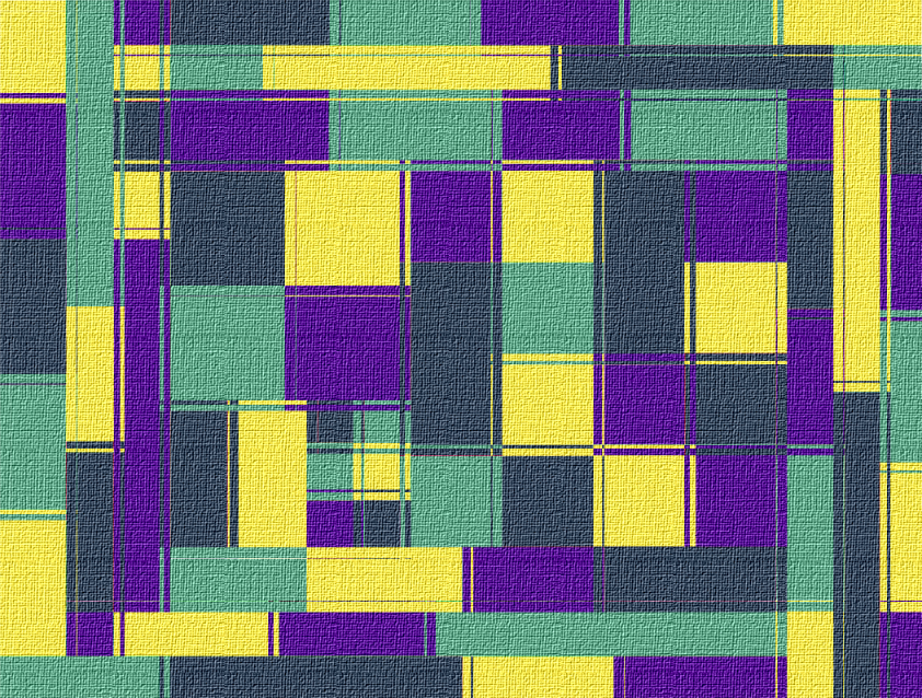 A geometric pattern of overlapping yellow, purple, and teal rectangles on a textured surface.