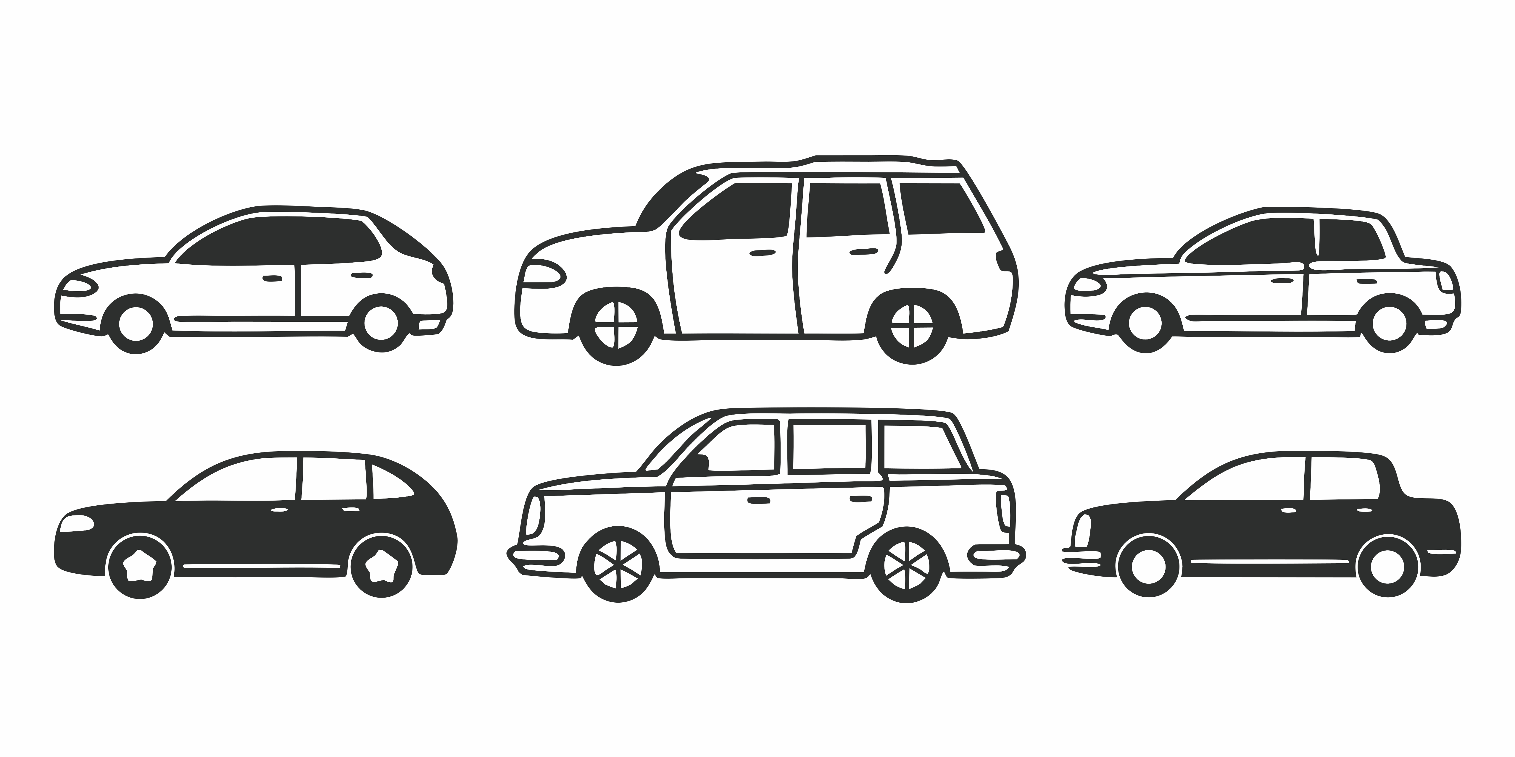 Seis iconos de arte lineal en blanco y negro de varias siluetas de coches