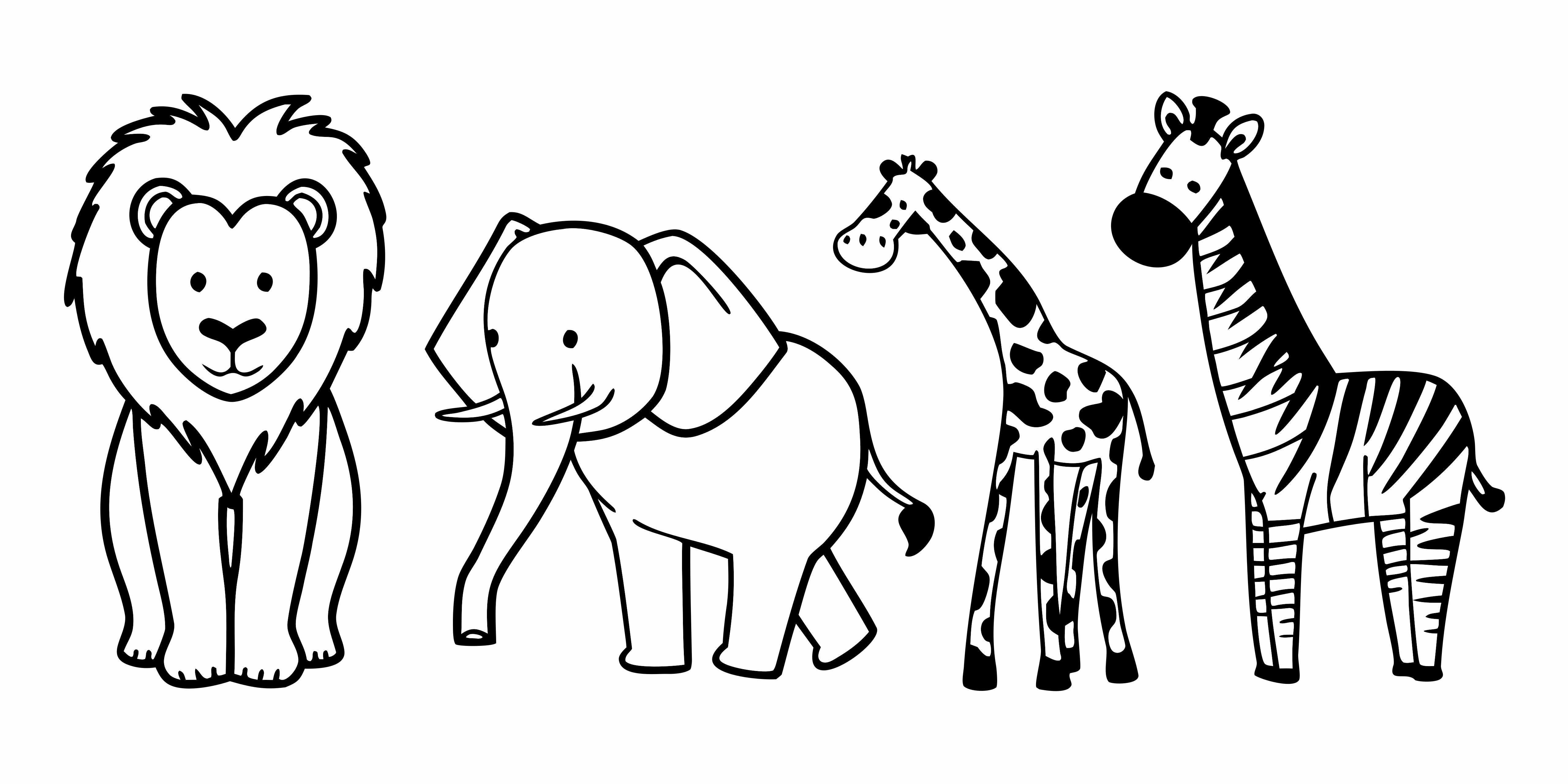 Seekor singa, gajah, jerapah, dan zebra dalam gambar garis sederhana