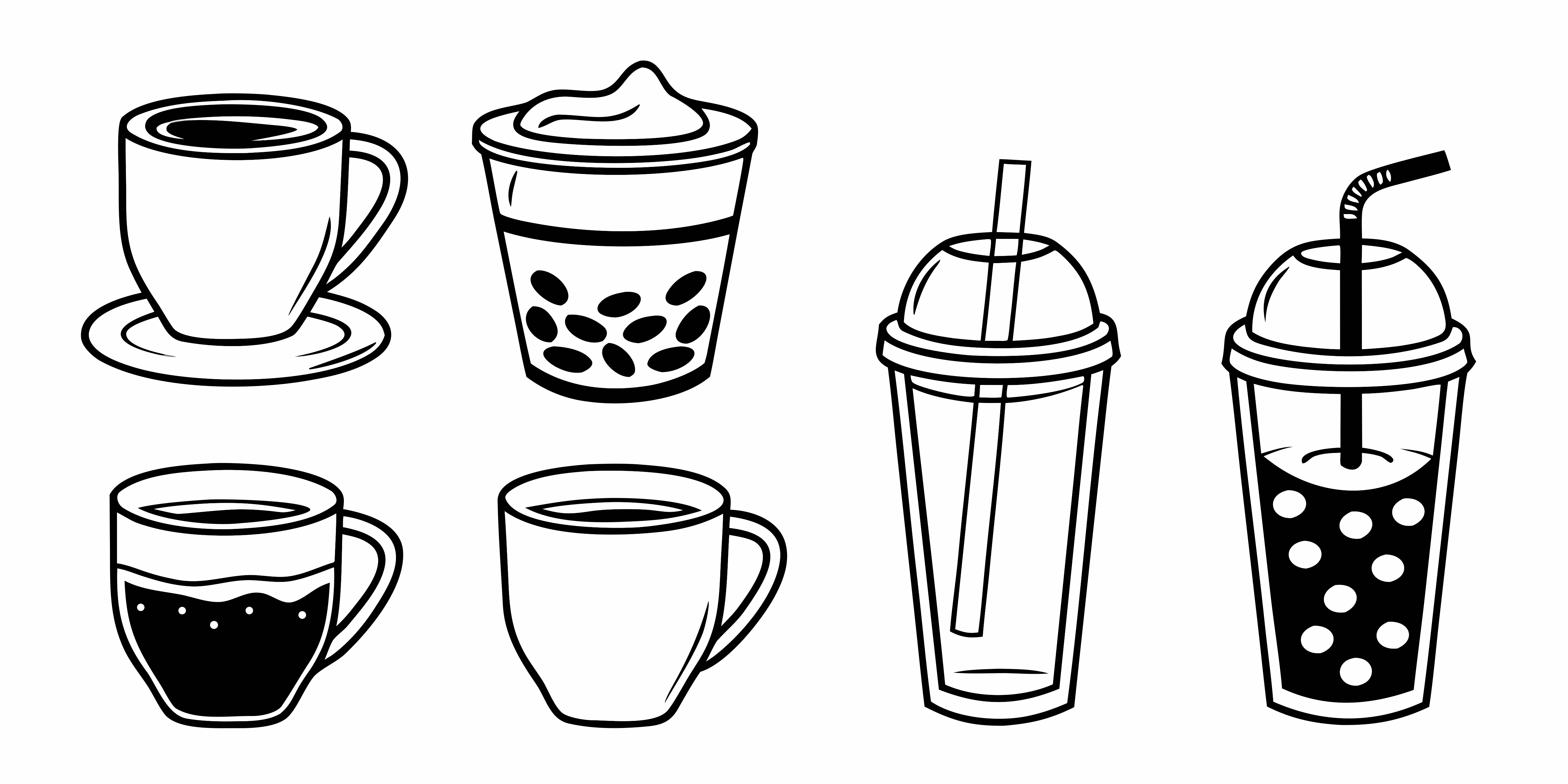 コーヒーカップと白黒のタピオリティドリンクのコレクション。