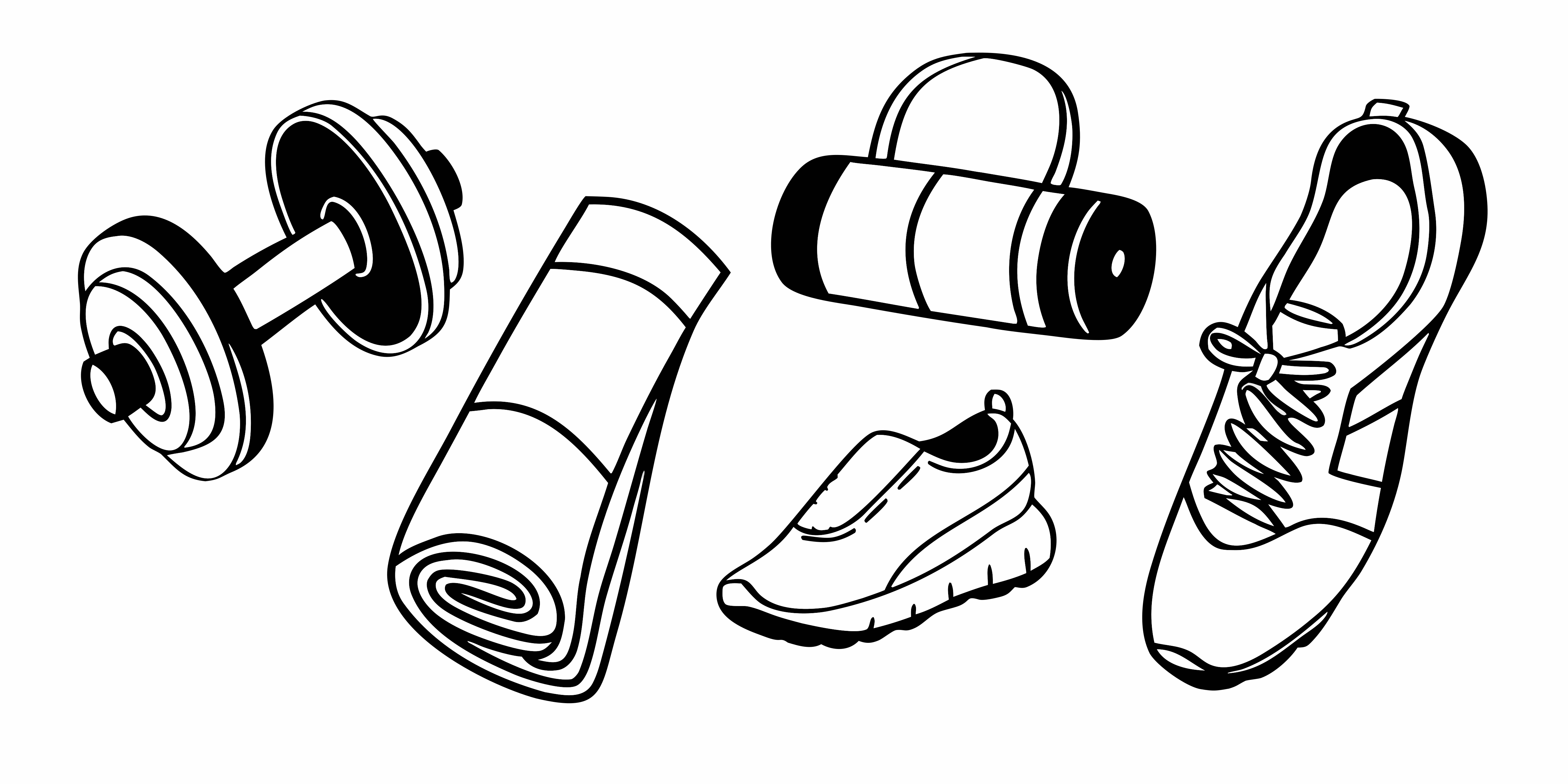 Sebuah dumbbell, matras yoga yang digulung, tas olahraga, dan dua sepatu sneakers