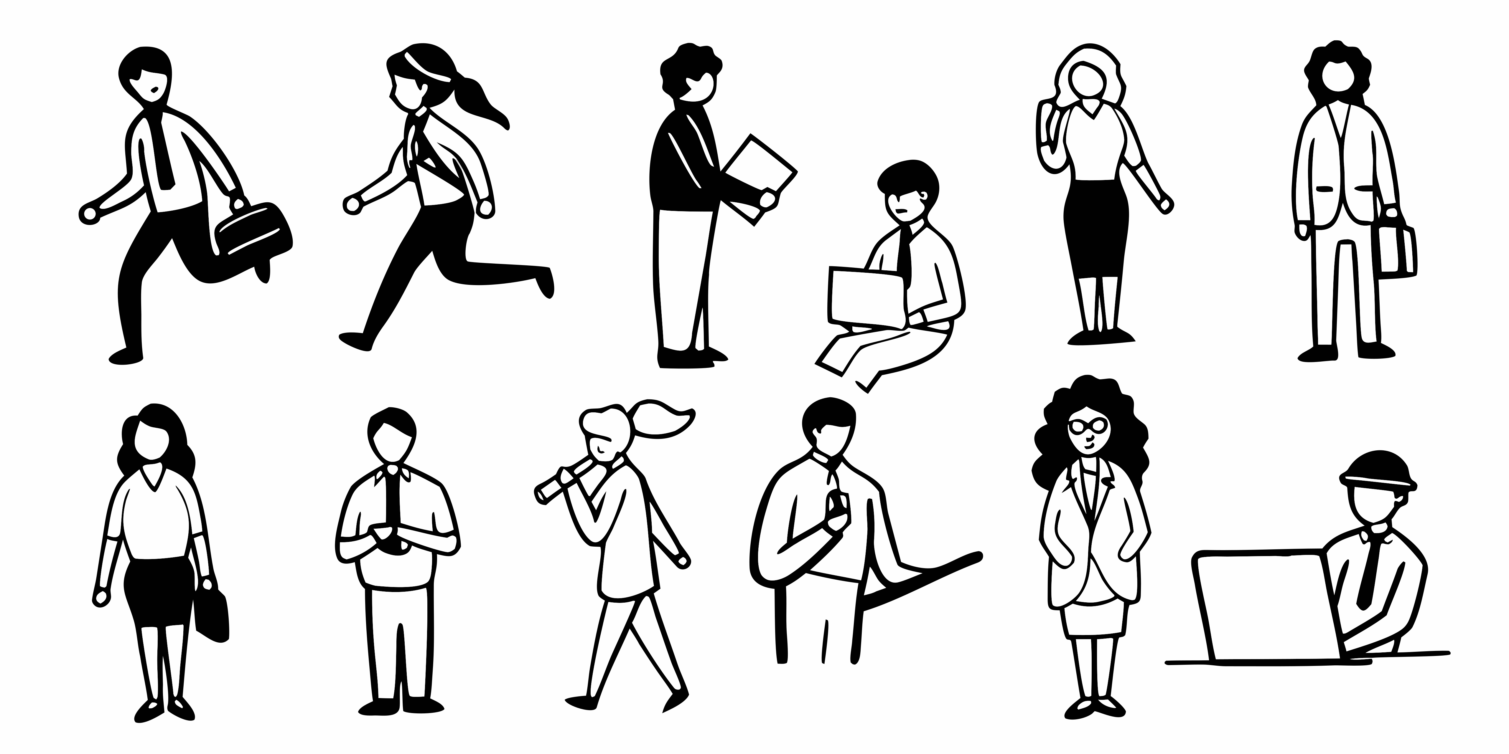 A collection of people in business attire performing various office tasks and walking