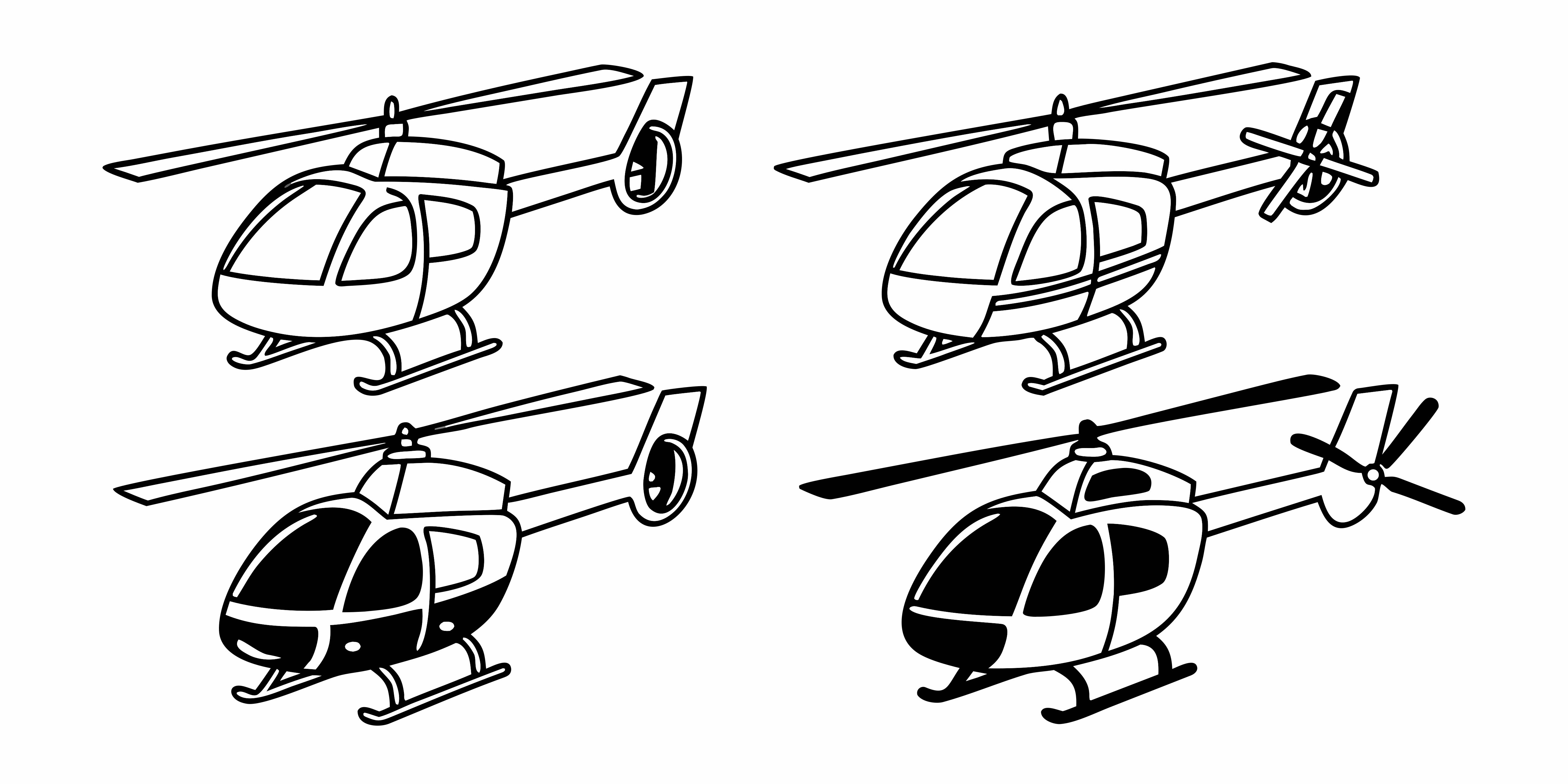 Four stylized helicopters in black and white line art on a white background