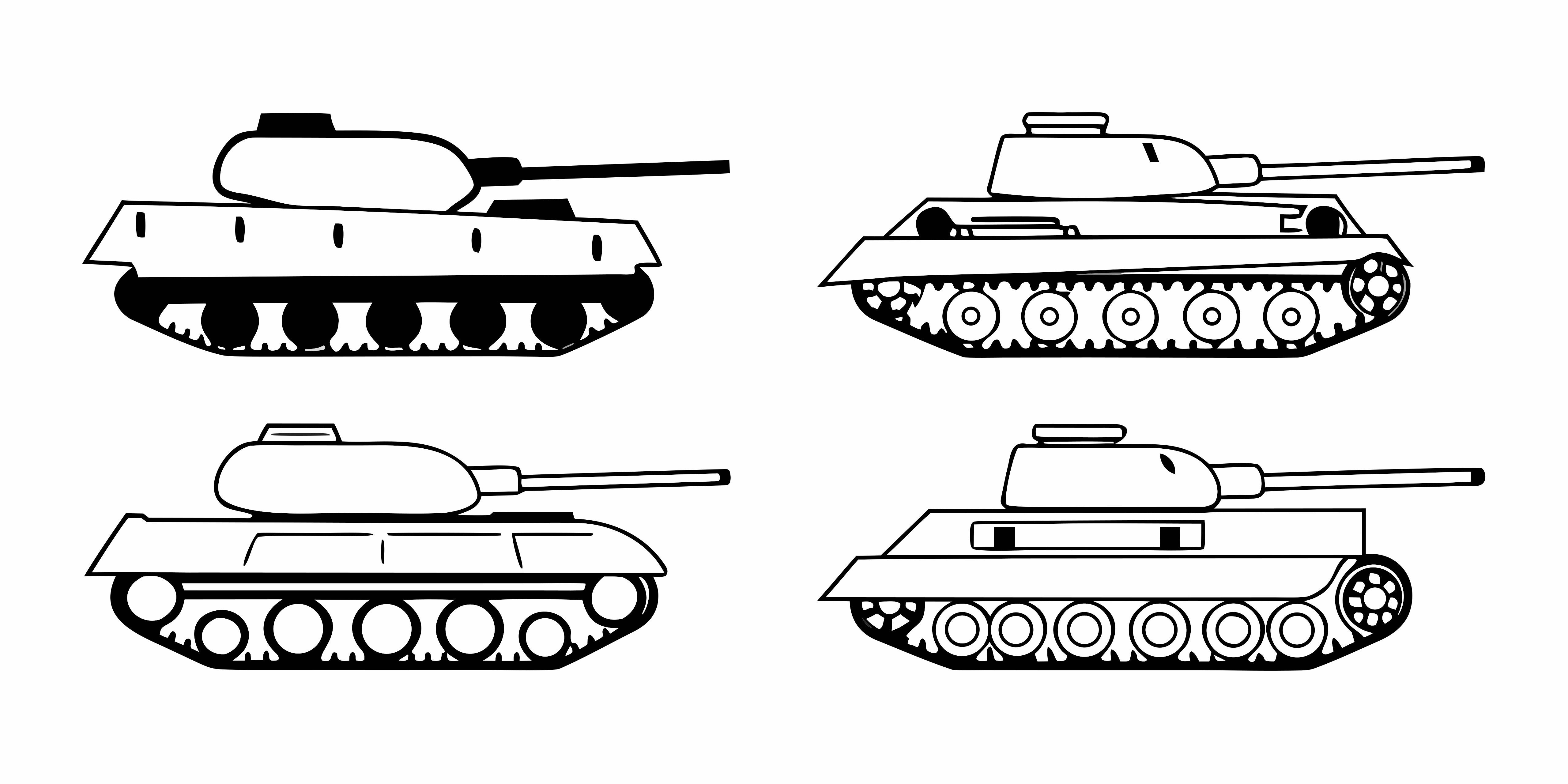 横顔の軍用戦車の白黒線画4点