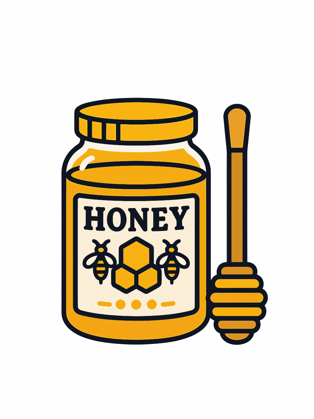 Ein Glas Honig mit einem Etikett "HONEY" und ein Holzdipper.