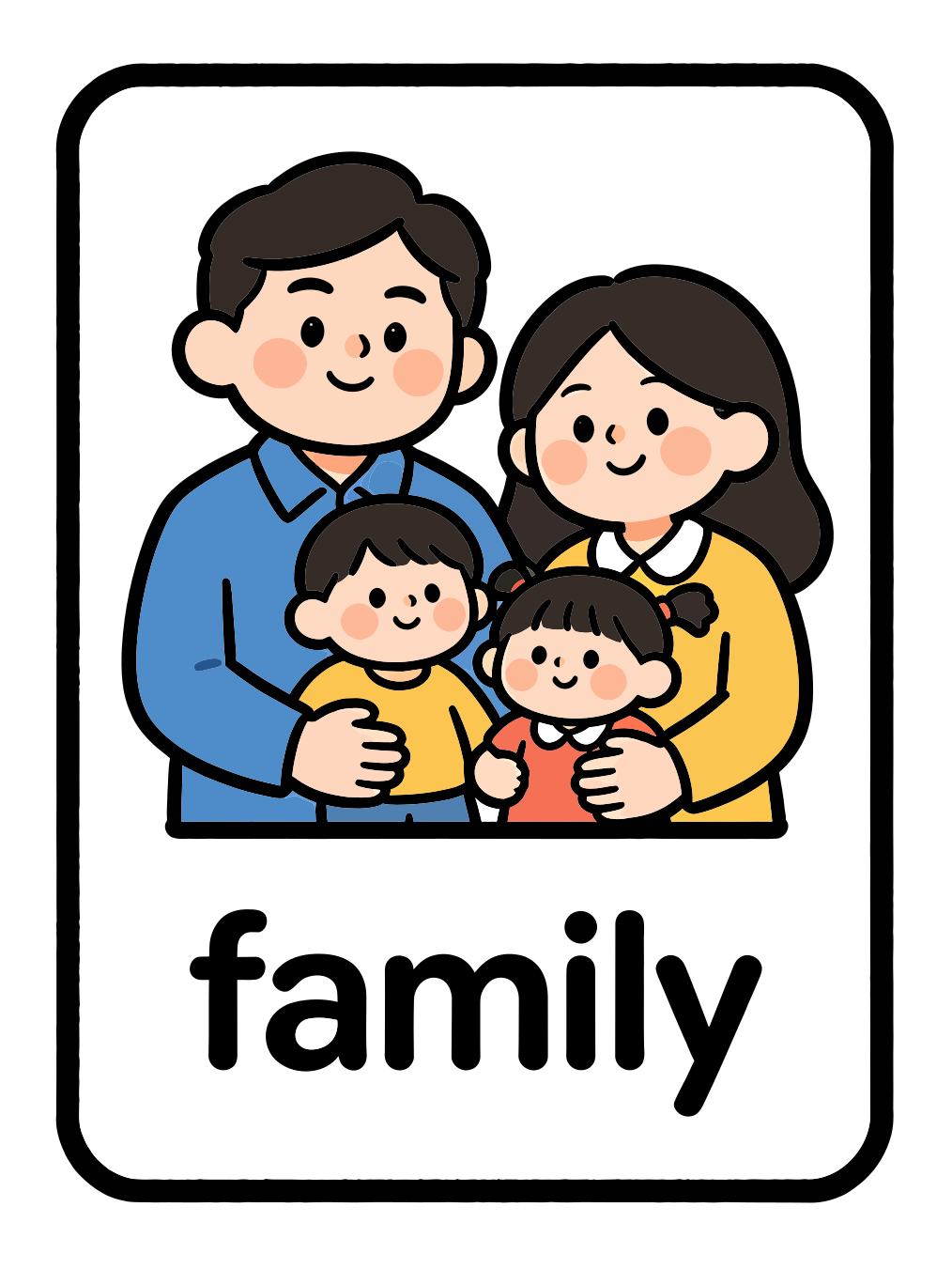 Uma família de quatro pessoas com dois adultos e duas crianças em estilo de desenho animado