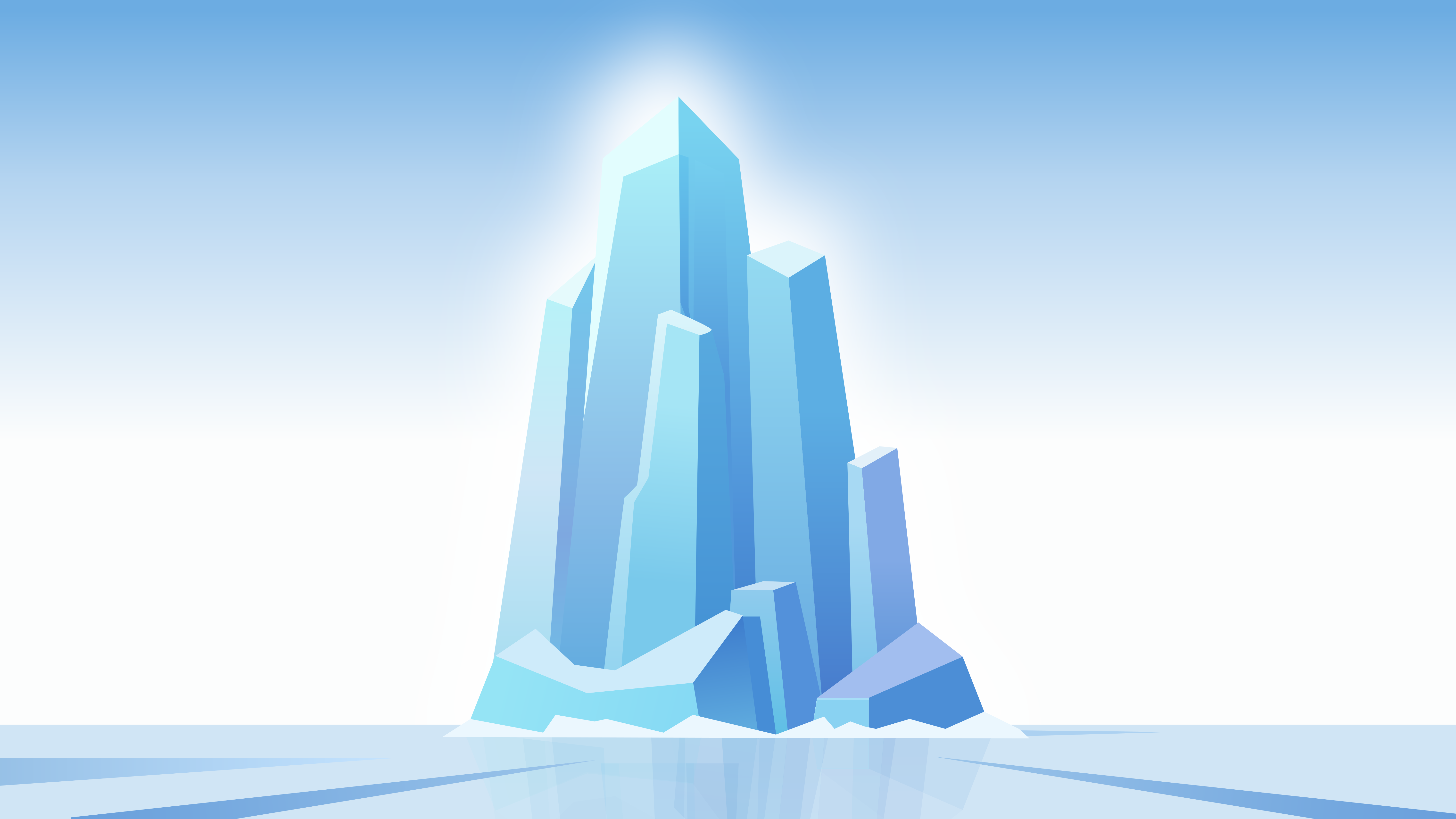 Um iceberg azul estilizado com picos geométricos afiados contra um céu azul claro.