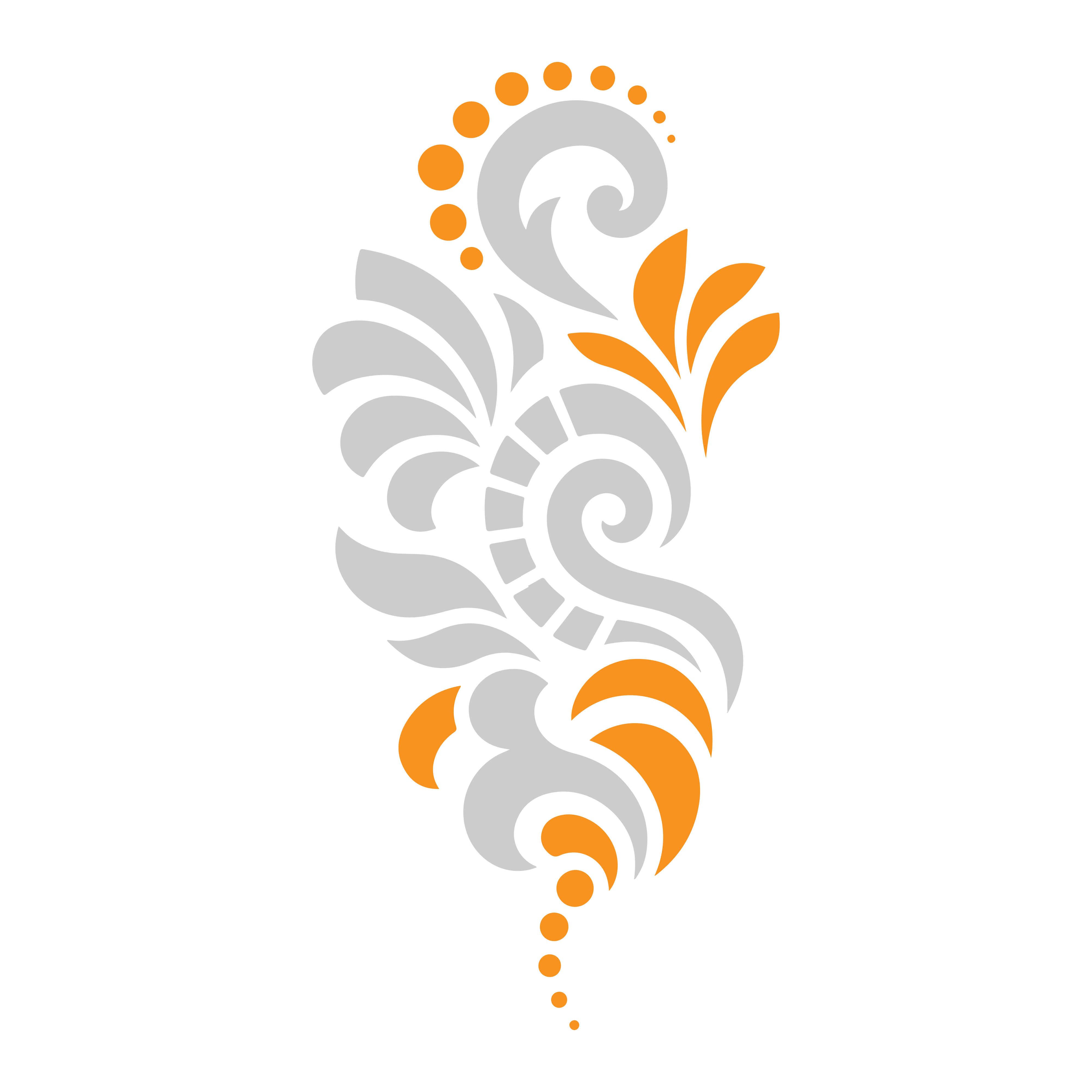 Ein dekoratives Blumenmuster in Grau und Orange auf weißem Grund