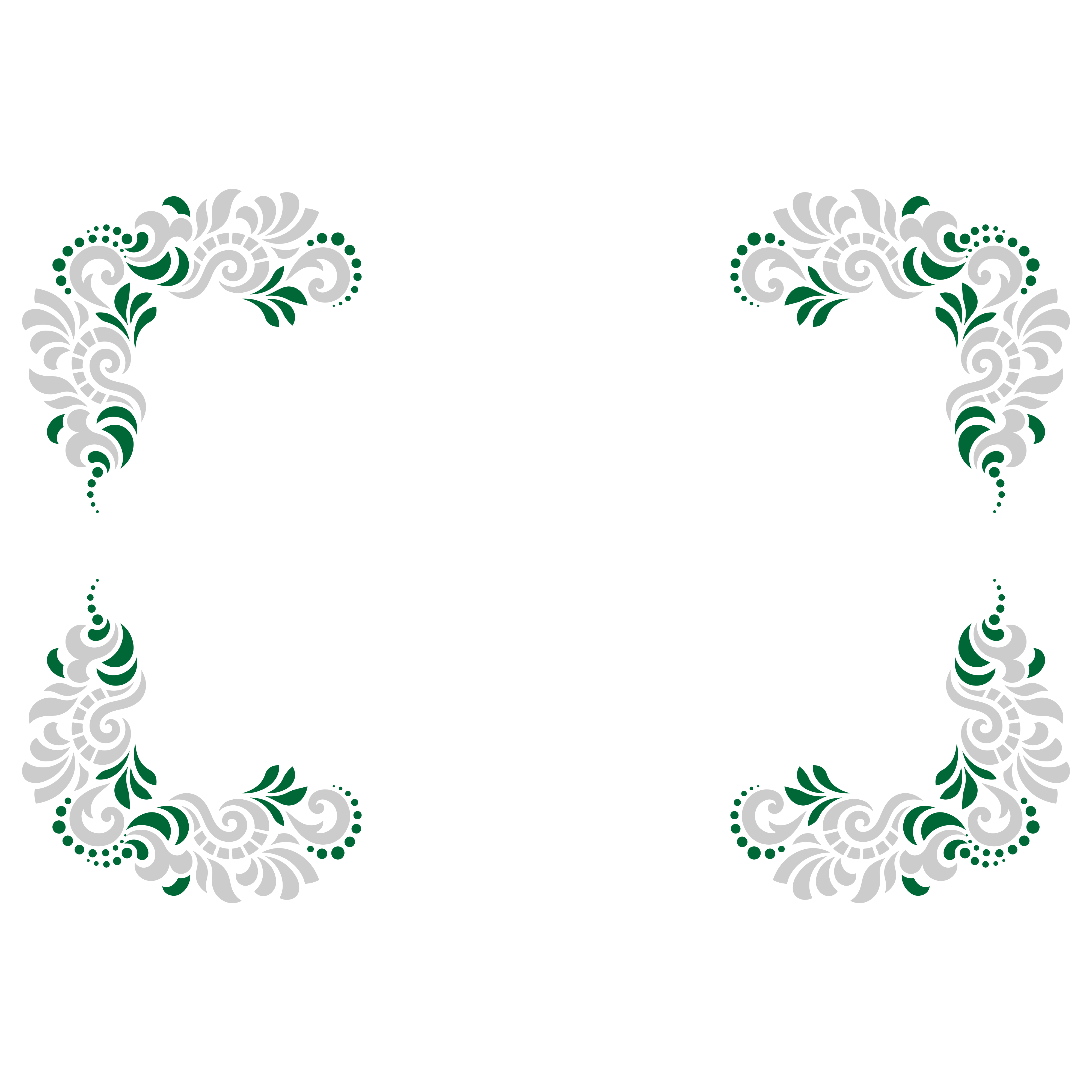 Quatro ornamentos decorativos nos cantos em cinza e verde sobre fundo branco