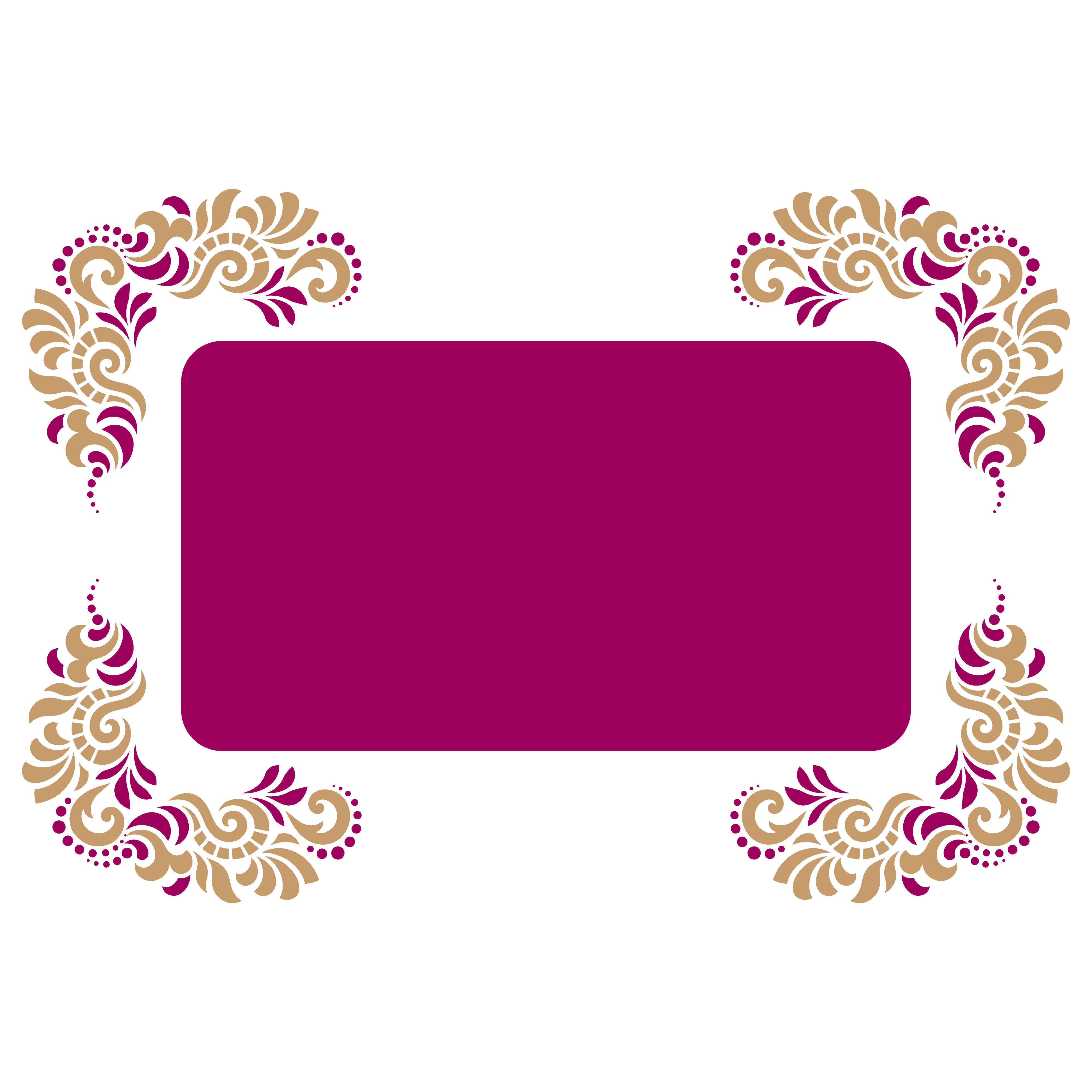Un marco rectangular magenta con ornamentos ornamentados en las esquinas florales doradas y magenta