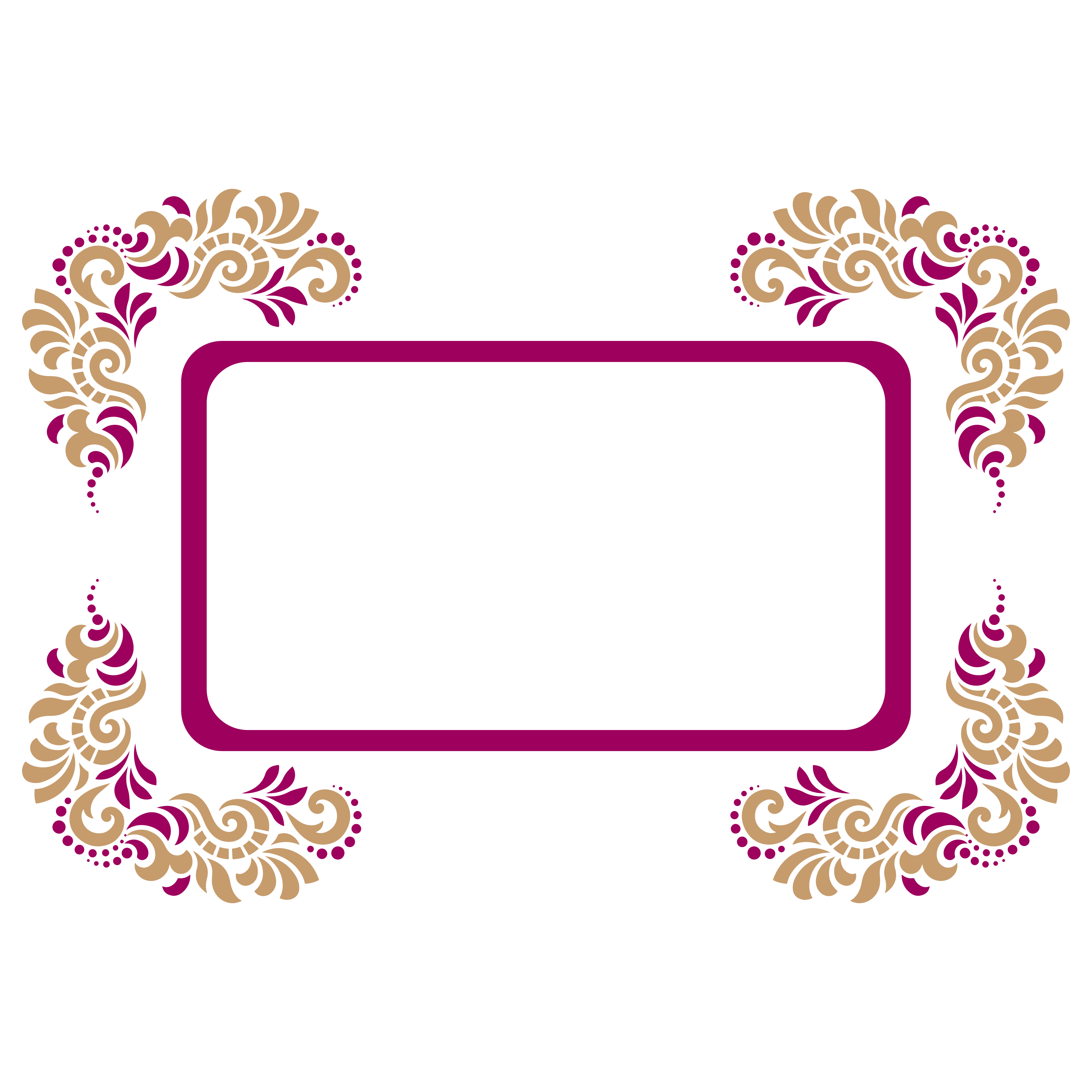A rectangular frame with magenta and gold floral scrollwork in the corners