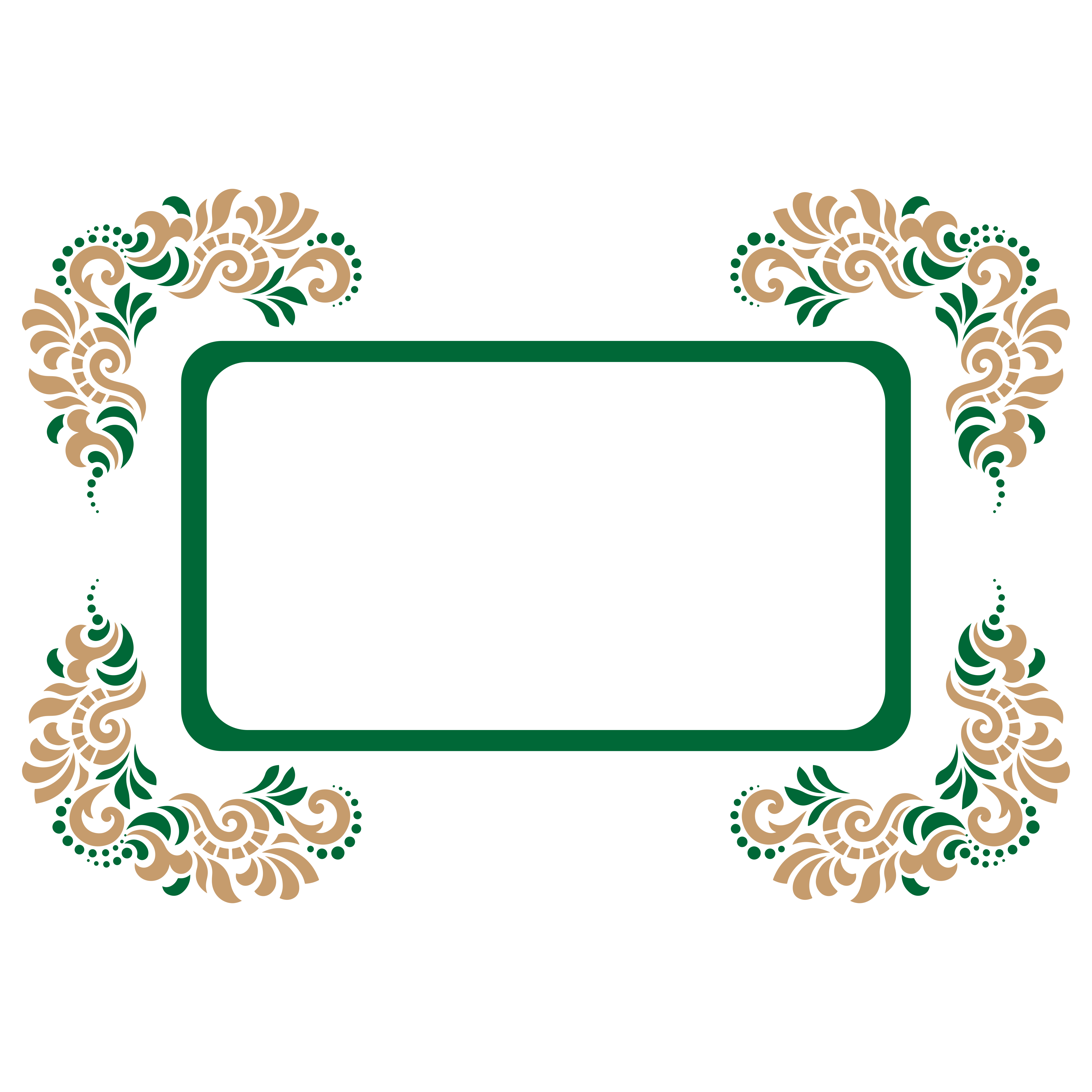 A rectangular frame with green and gold floral scrollwork in the corners