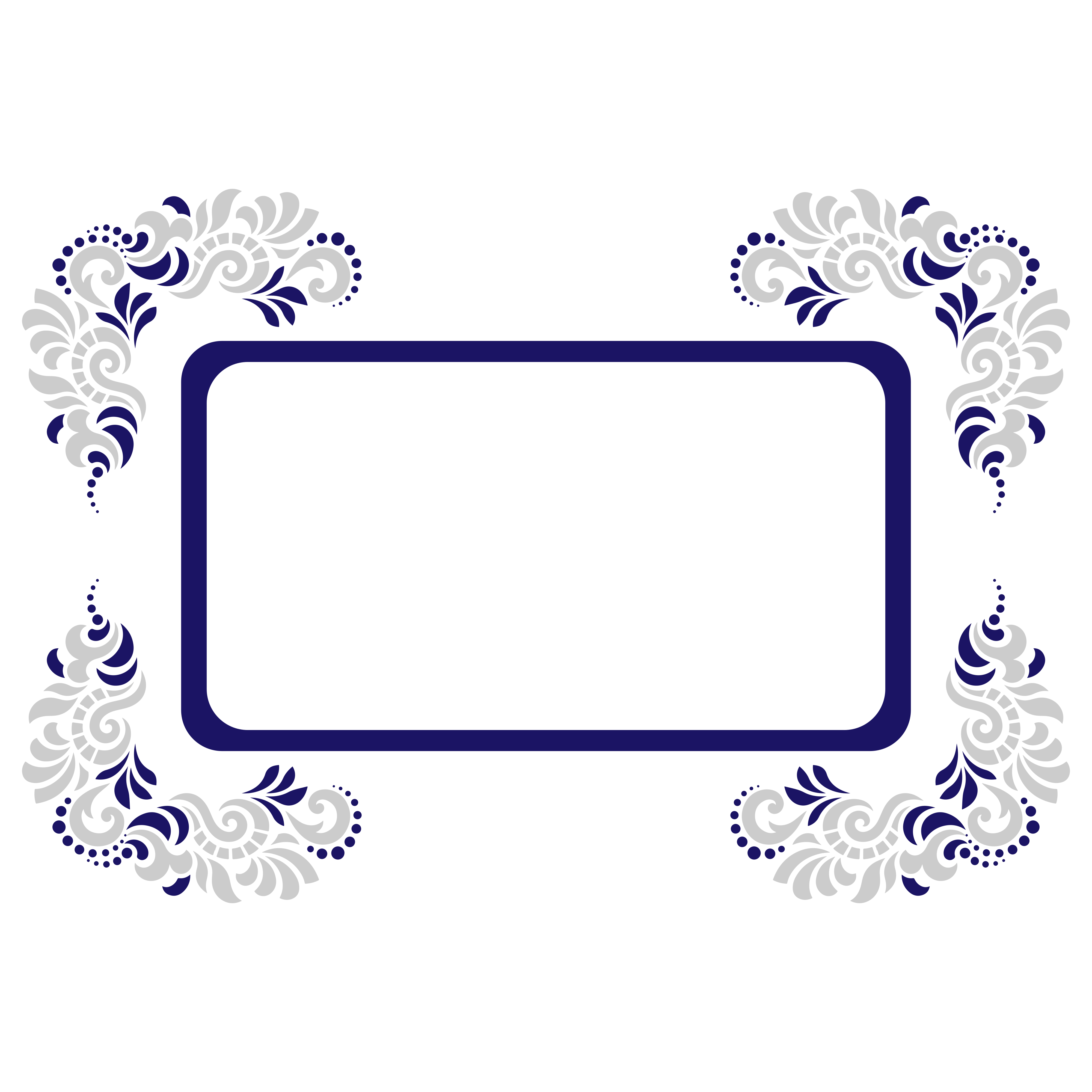 Un marco rectangular con volutas florales azules y grises en las esquinas