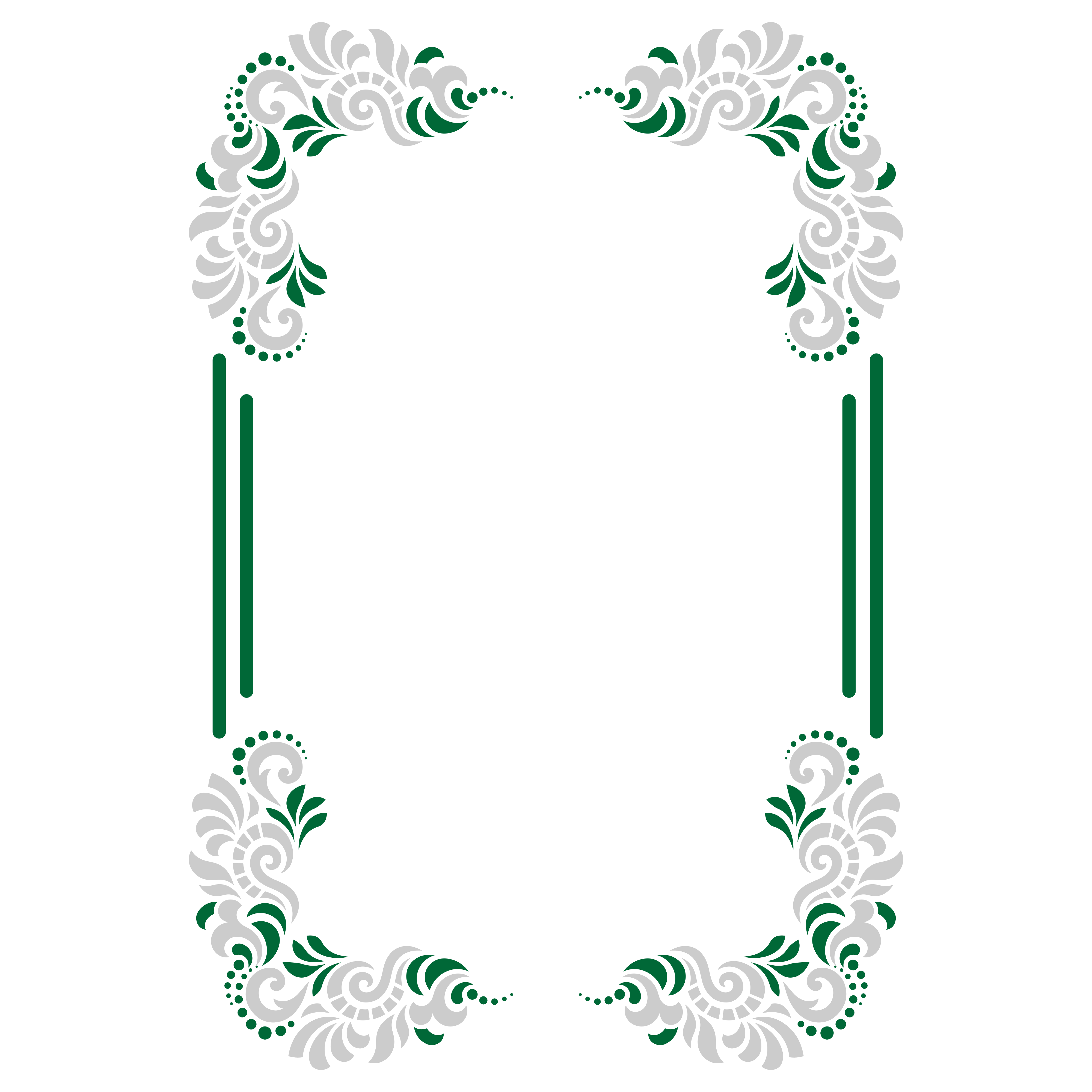 Ein rechteckiger Rahmen mit grünen und grauen Blumenornamenten in den Ecken