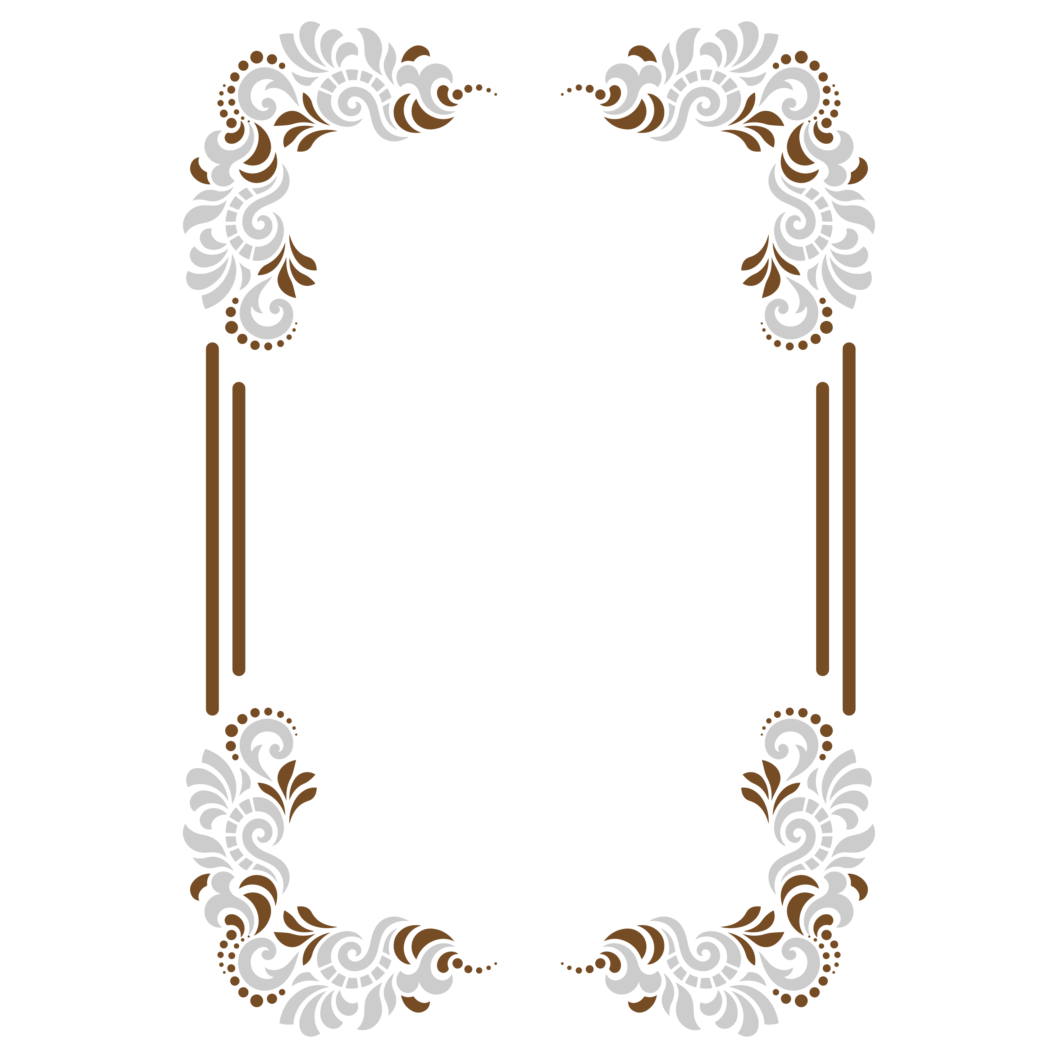 A decorative frame with brown and grey floral swirls in the corners