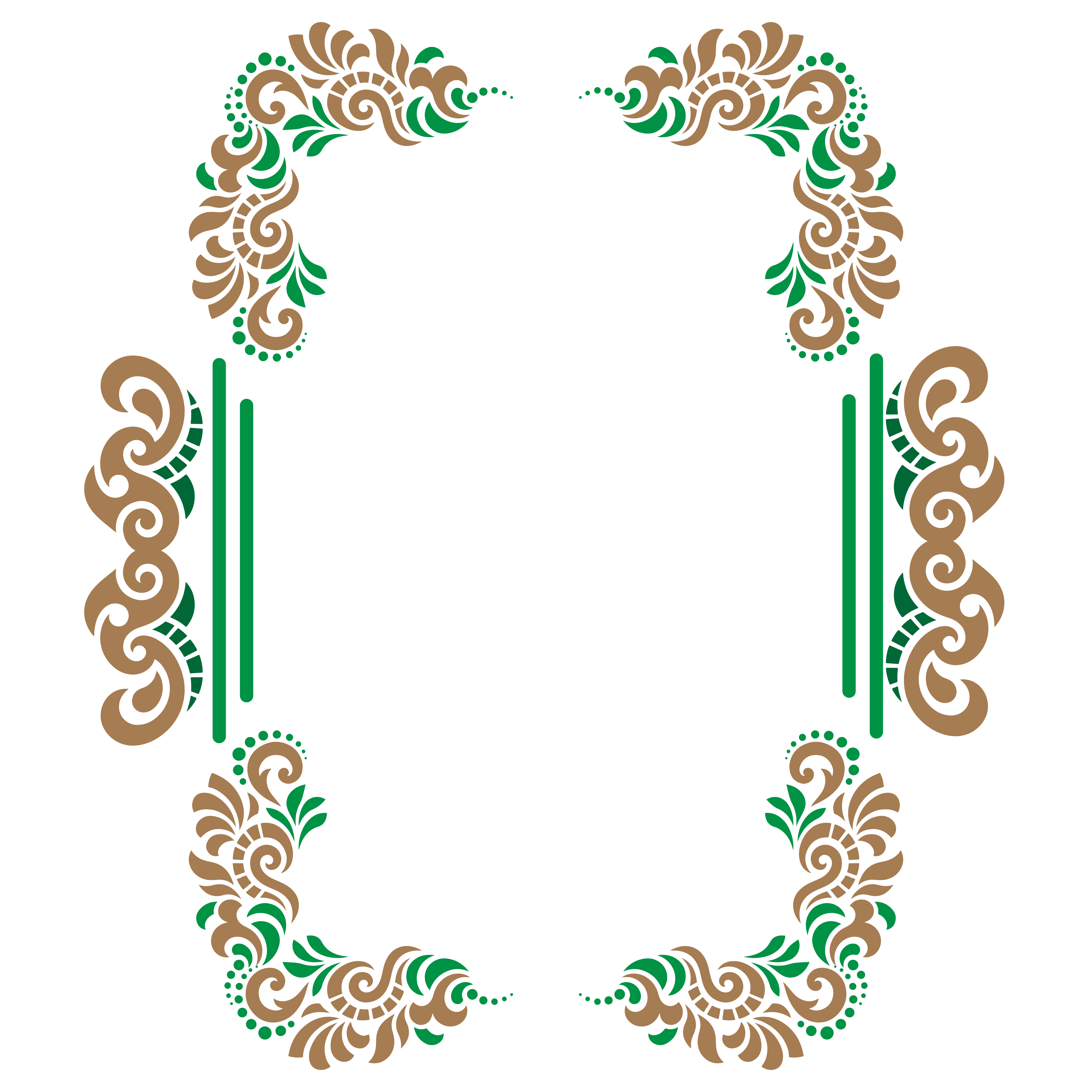 Ein dekorativer Rahmen mit braunen und grünen floralen Wirbeln auf weißem Grund.