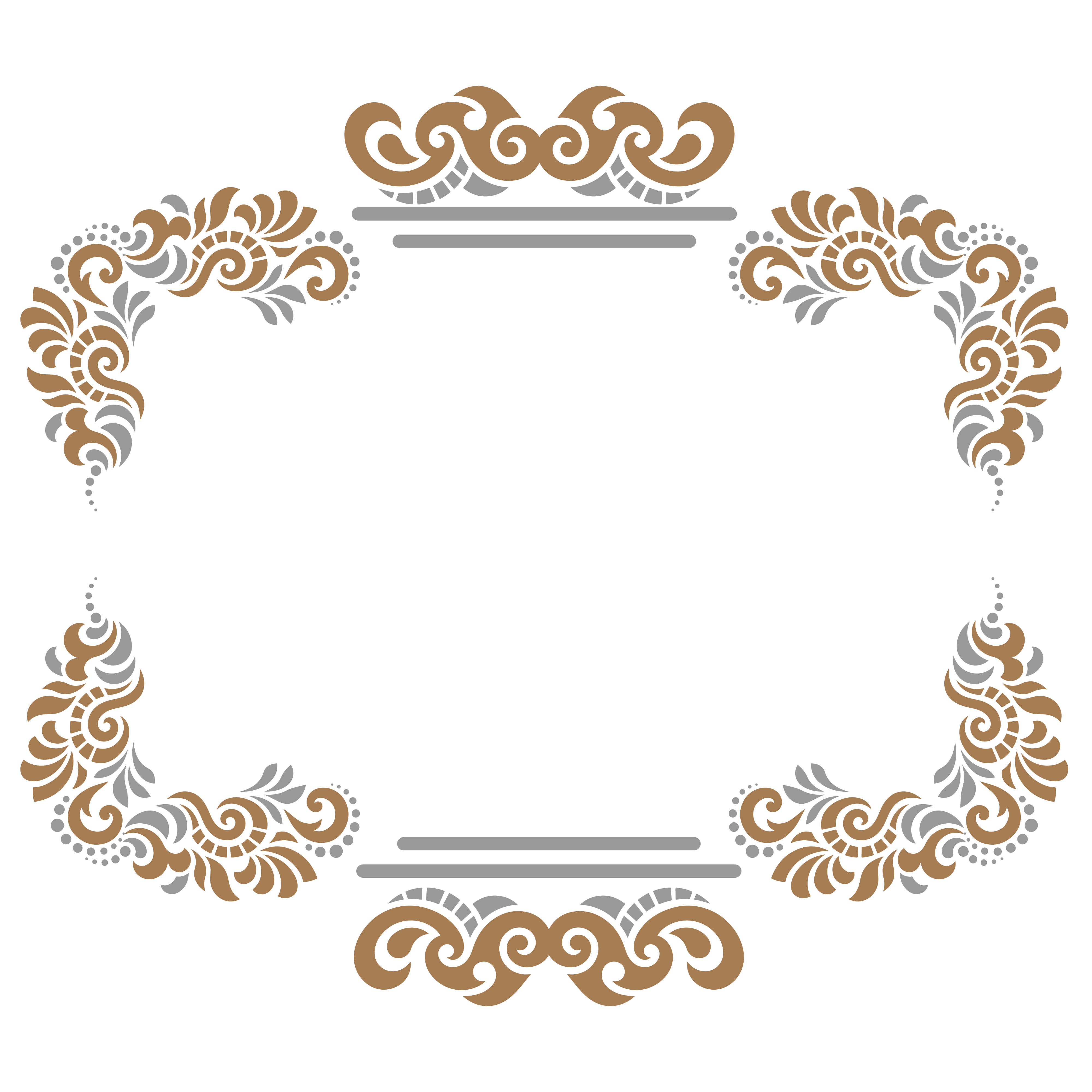 A decorative frame with gold and grey swirling floral patterns on a white background