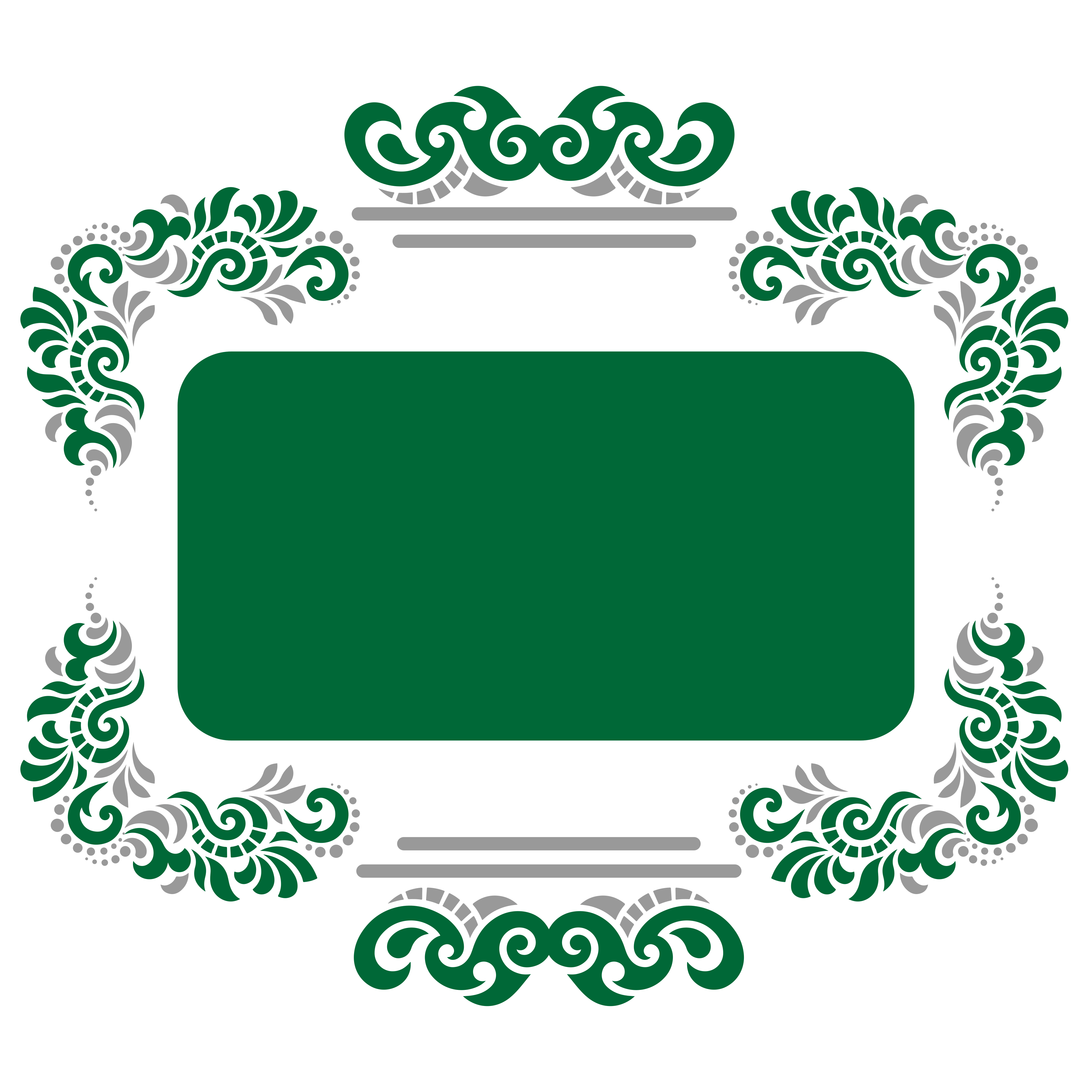 Una cornice rettangolare verde con angoli decorativi floreali verdi e grigi