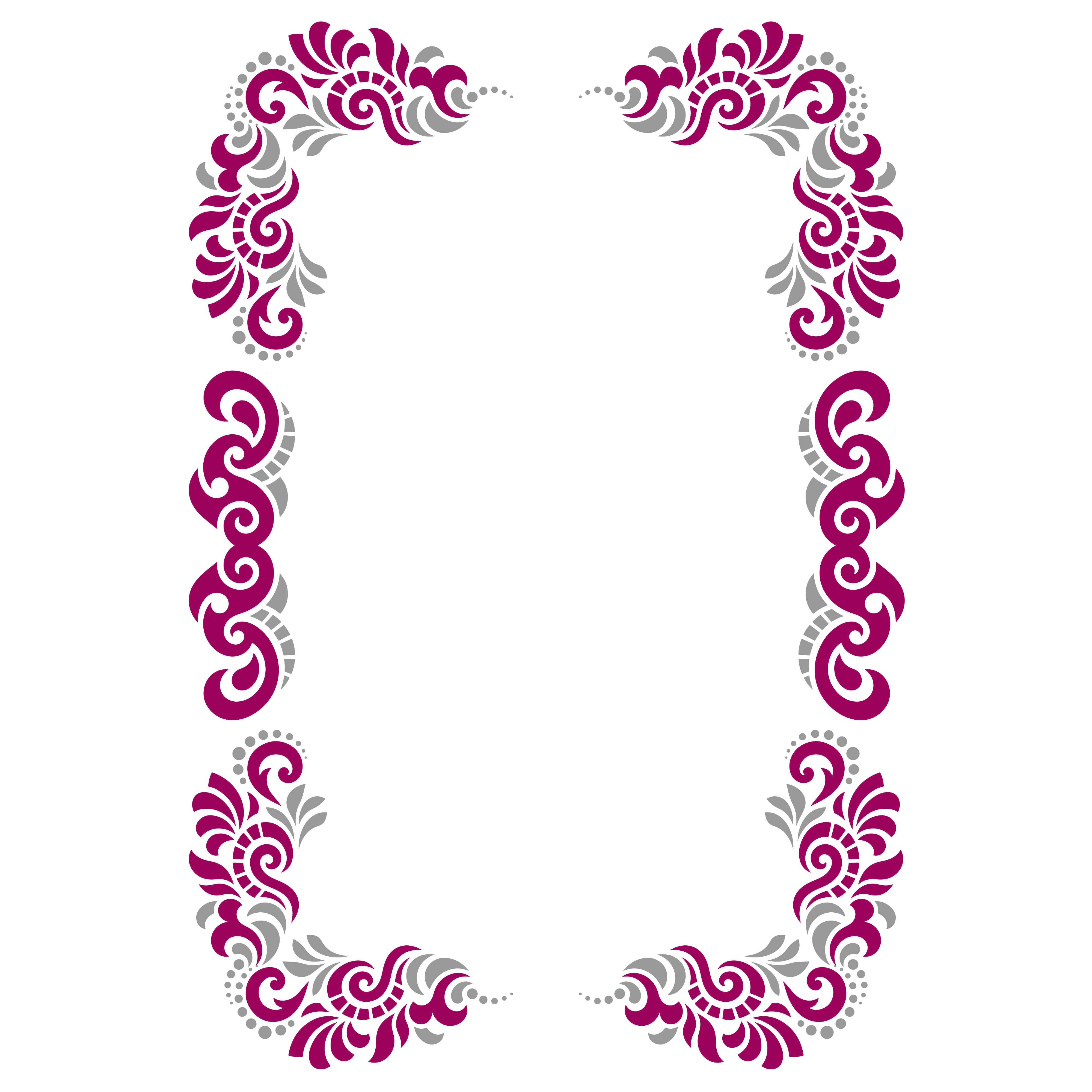 Uma moldura retangular de padrões florais magenta e cinza em espiral sobre branco