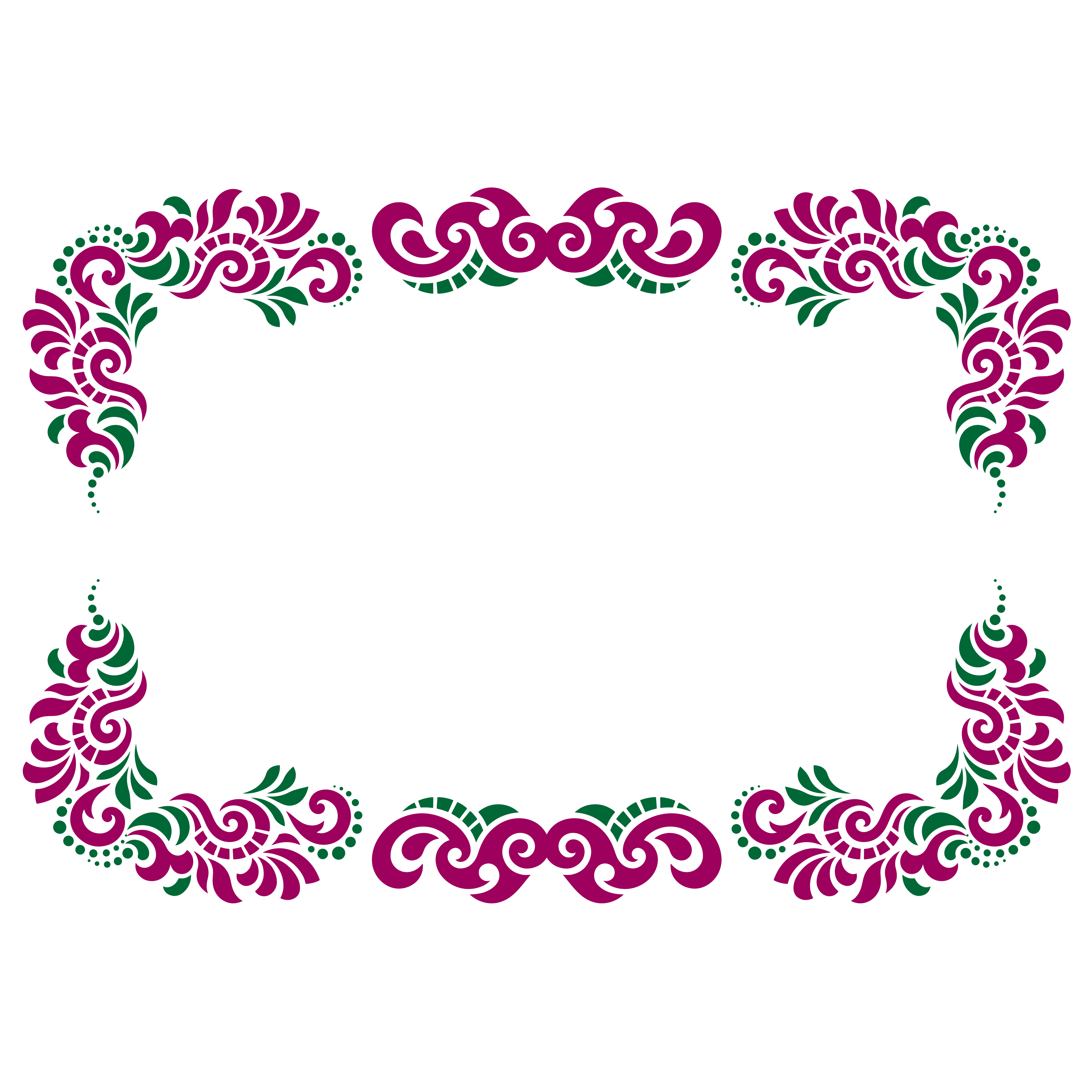 Una cornice rettangolare di motivi floreali magenta e verde vorticosi su bianco