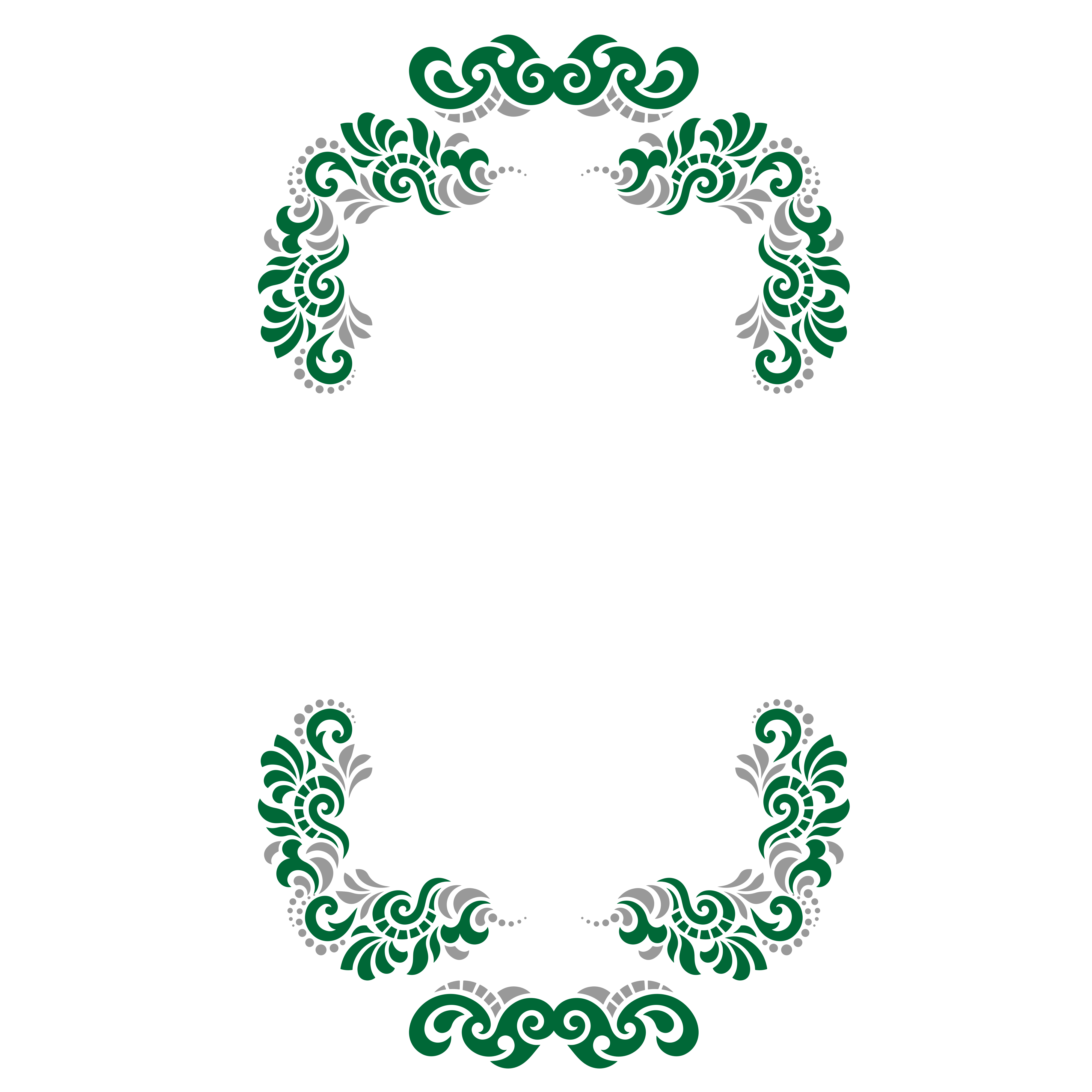 Uma moldura decorativa de padrões florais verdes e cinza em espiral sobre branco.