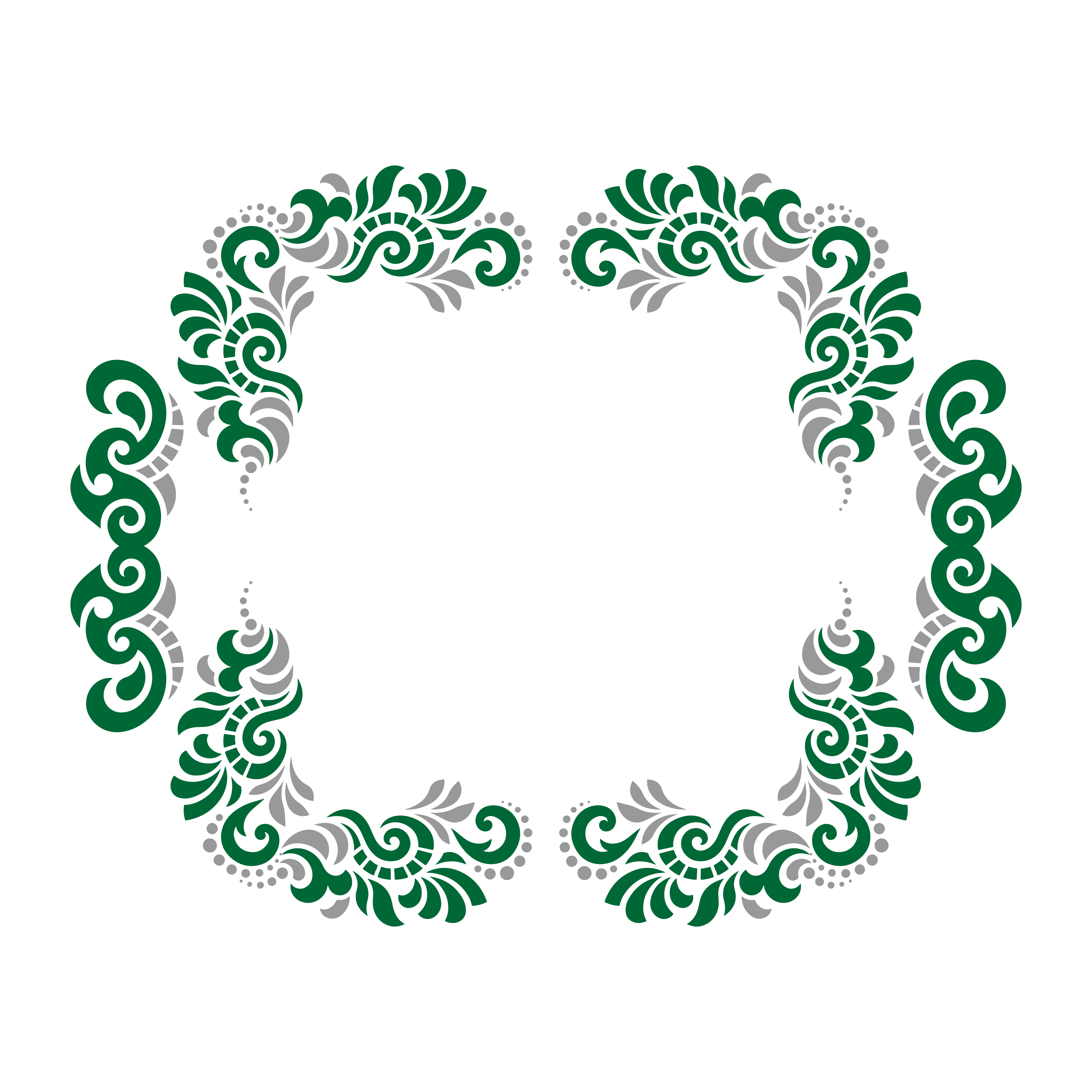 A decorative frame of green and grey swirling floral patterns on white