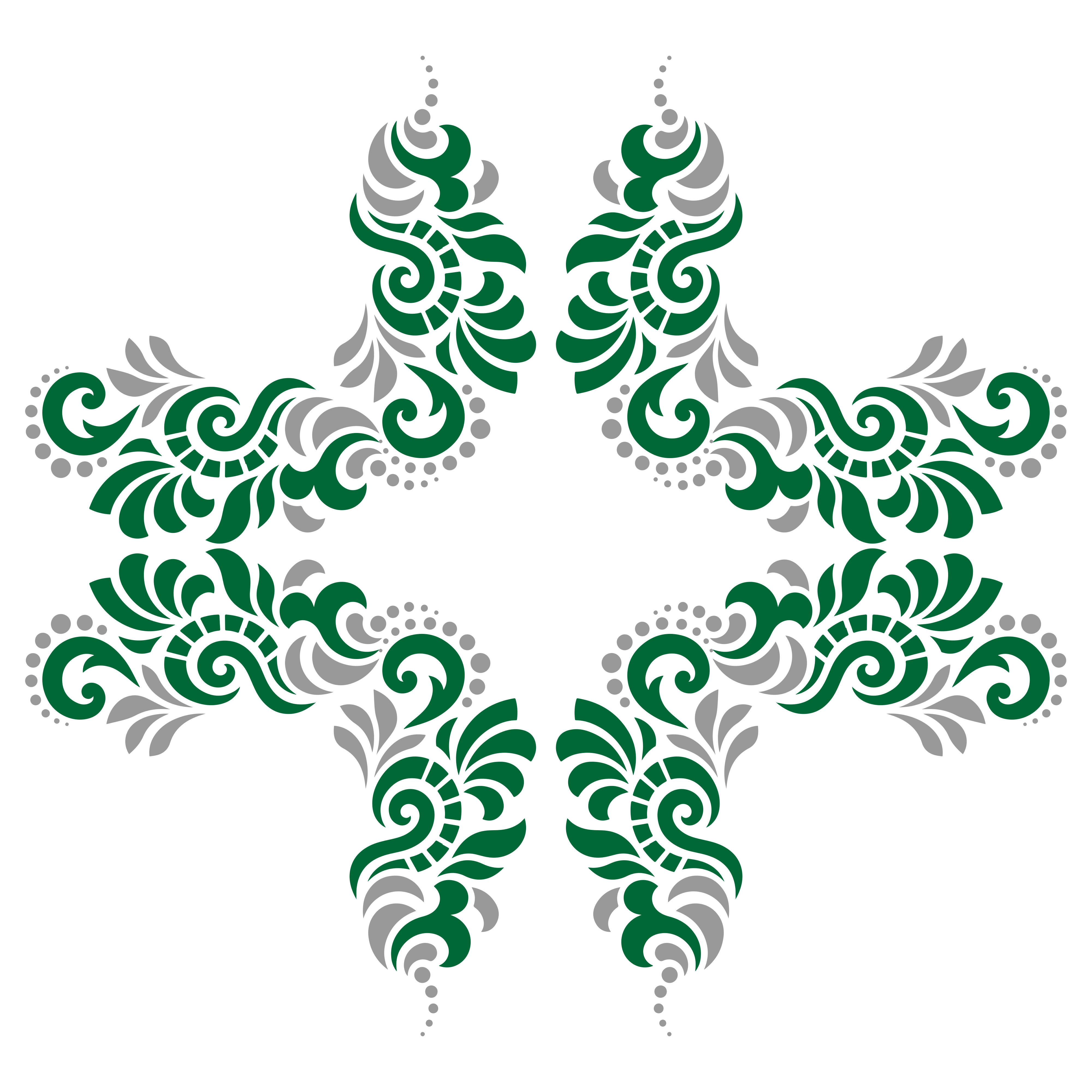 Um padrão floral simétrico em verde e cinza sobre fundo branco