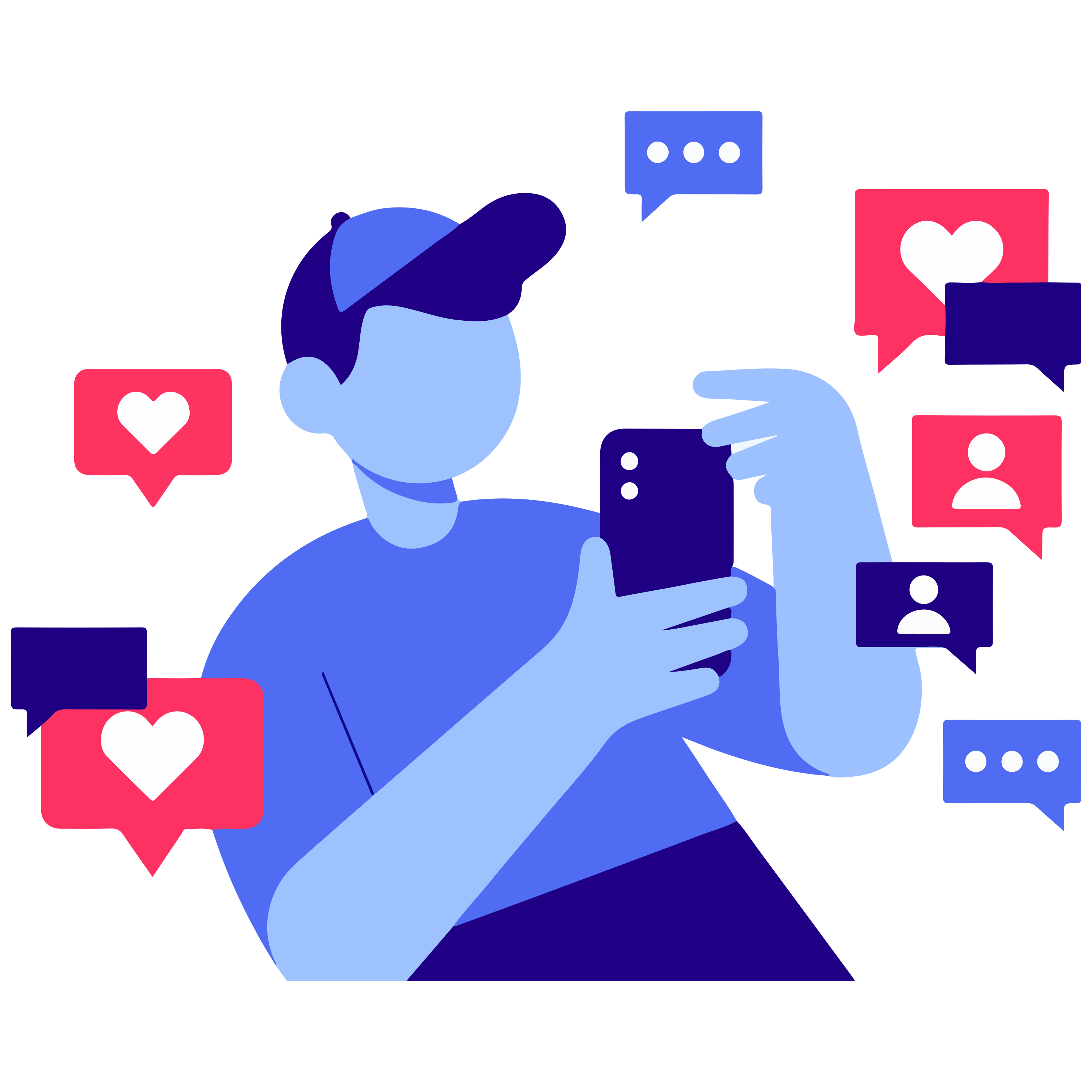 Una persona usando un smartphone rodeada de iconos flotantes de notificaciones en redes sociales.