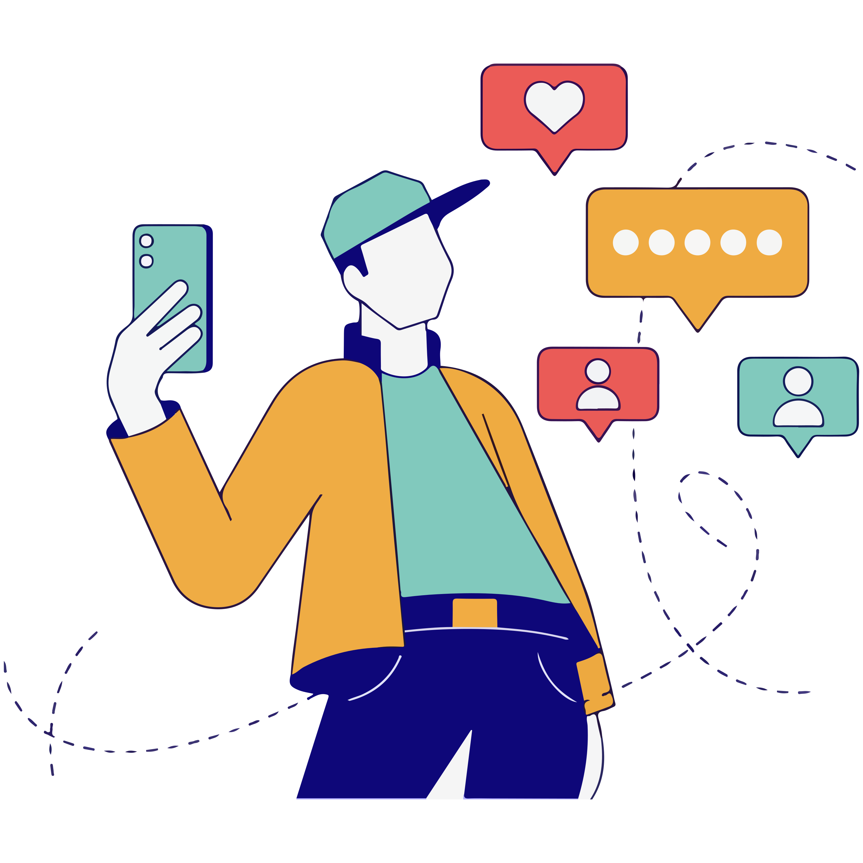 Seseorang dengan topi memegang smartphone dikelilingi ikon notifikasi media sosial