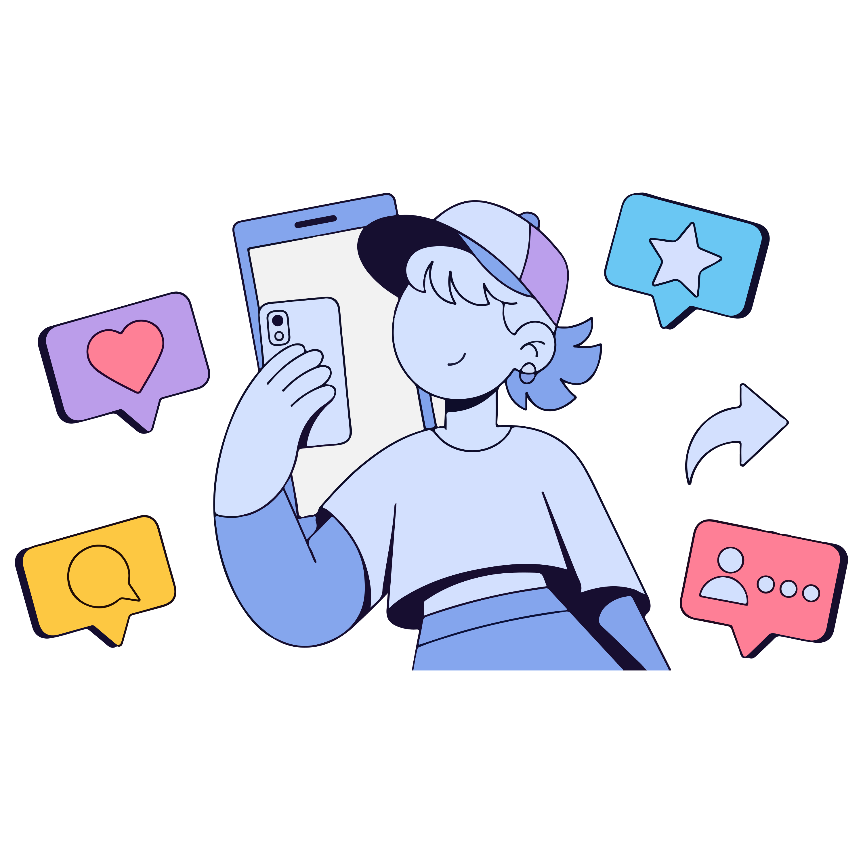 Une personne en casquette tenant un smartphone entourée d’icônes des réseaux sociaux