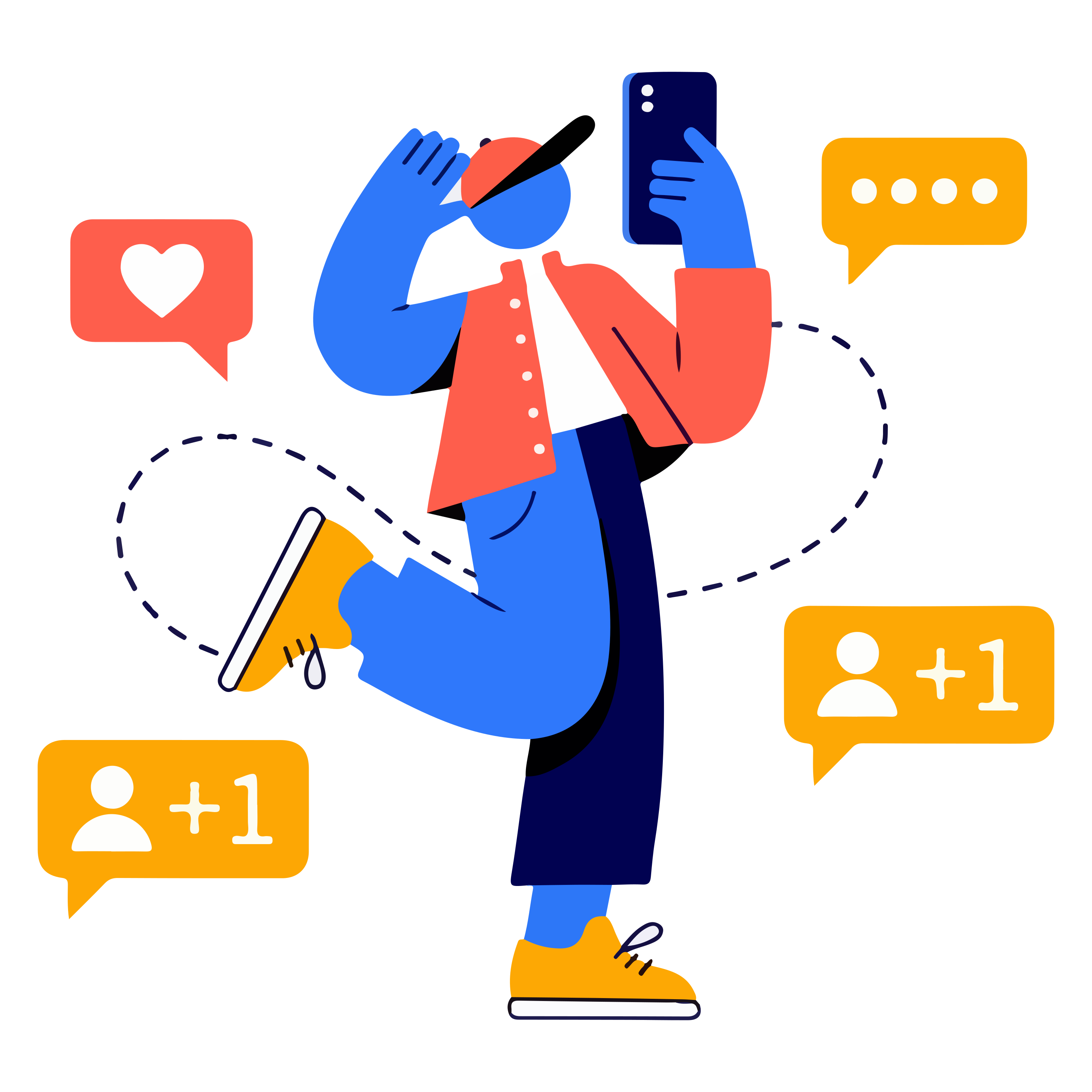 Eine Person in einer roten Jacke, die ein Selfie macht, umgeben von Social-Media-Symbolen