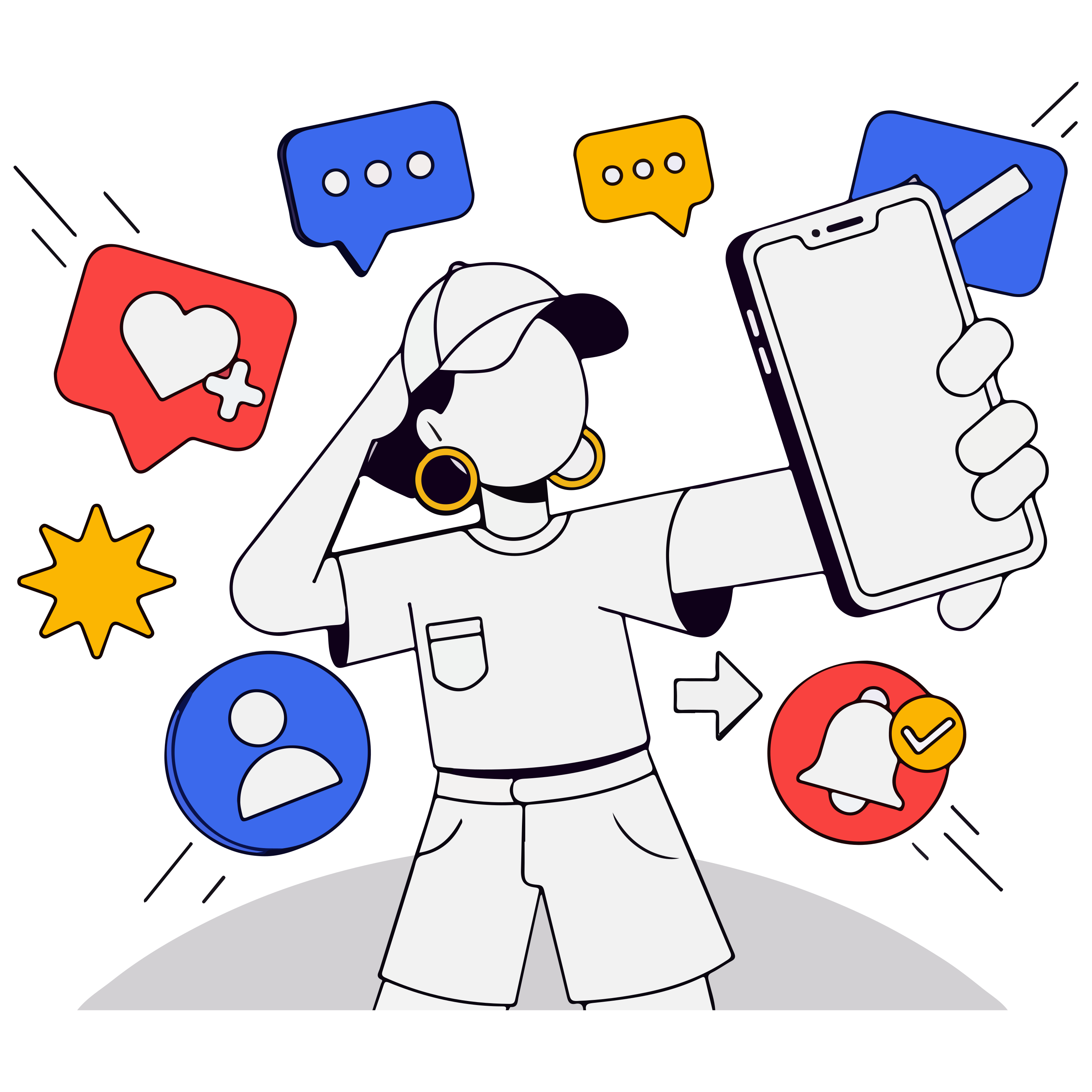 A person in a cap holding a smartphone surrounded by social media icons