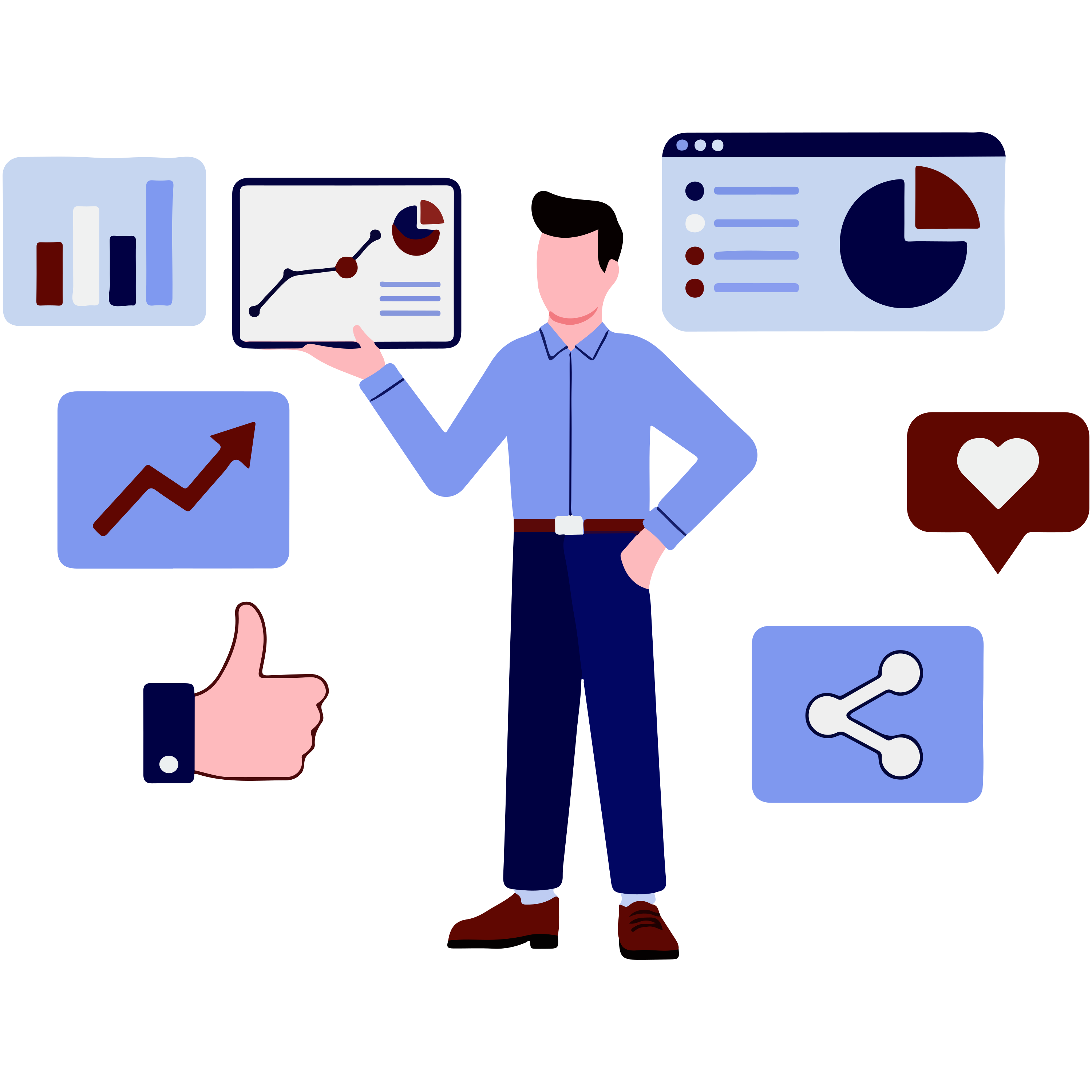 Eine Person in einem blauen Hemd, die Datendiagramme und Social-Media-Symbole präsentiert