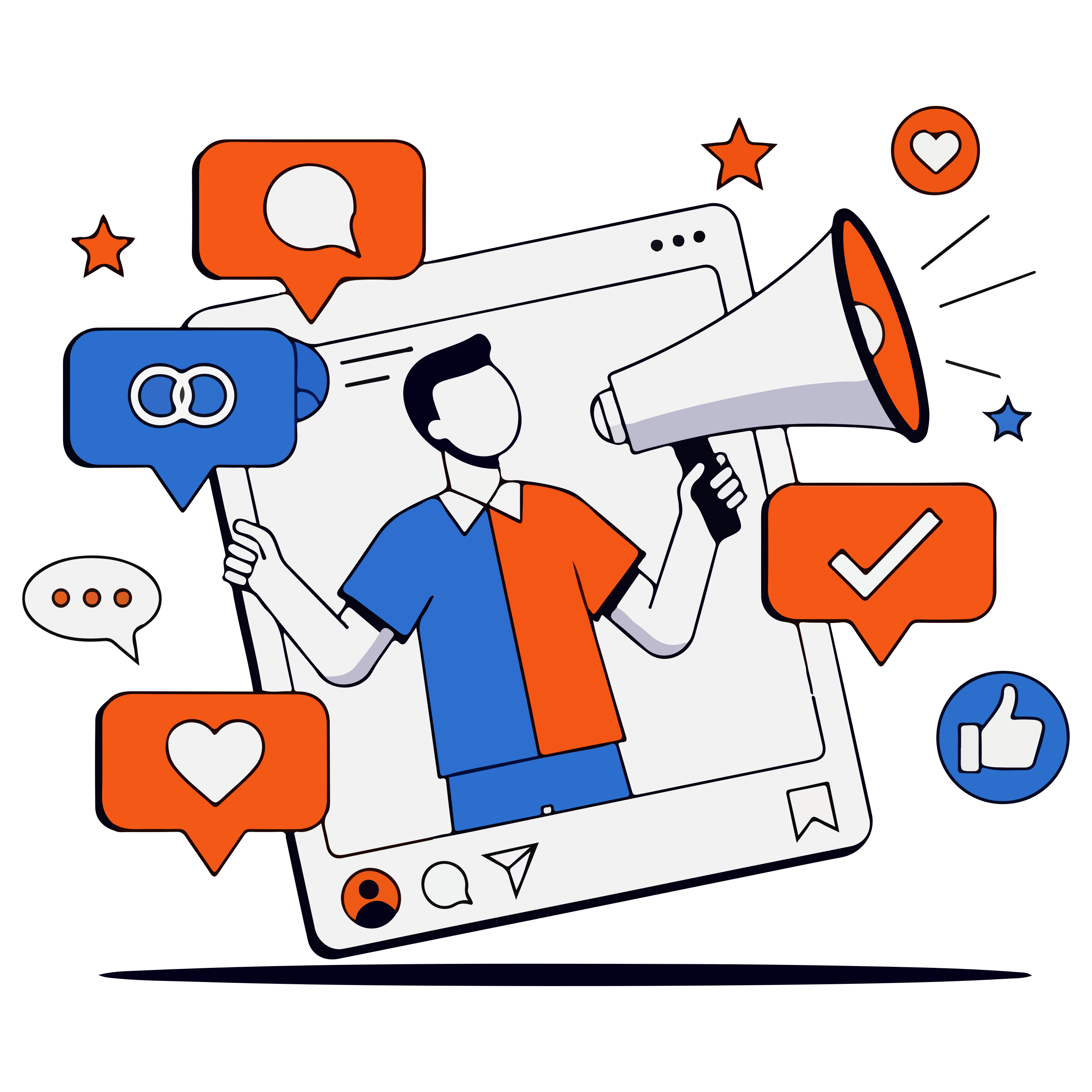 Una persona che tiene un megafono all'interno di una cornice digitale con icone dei social media