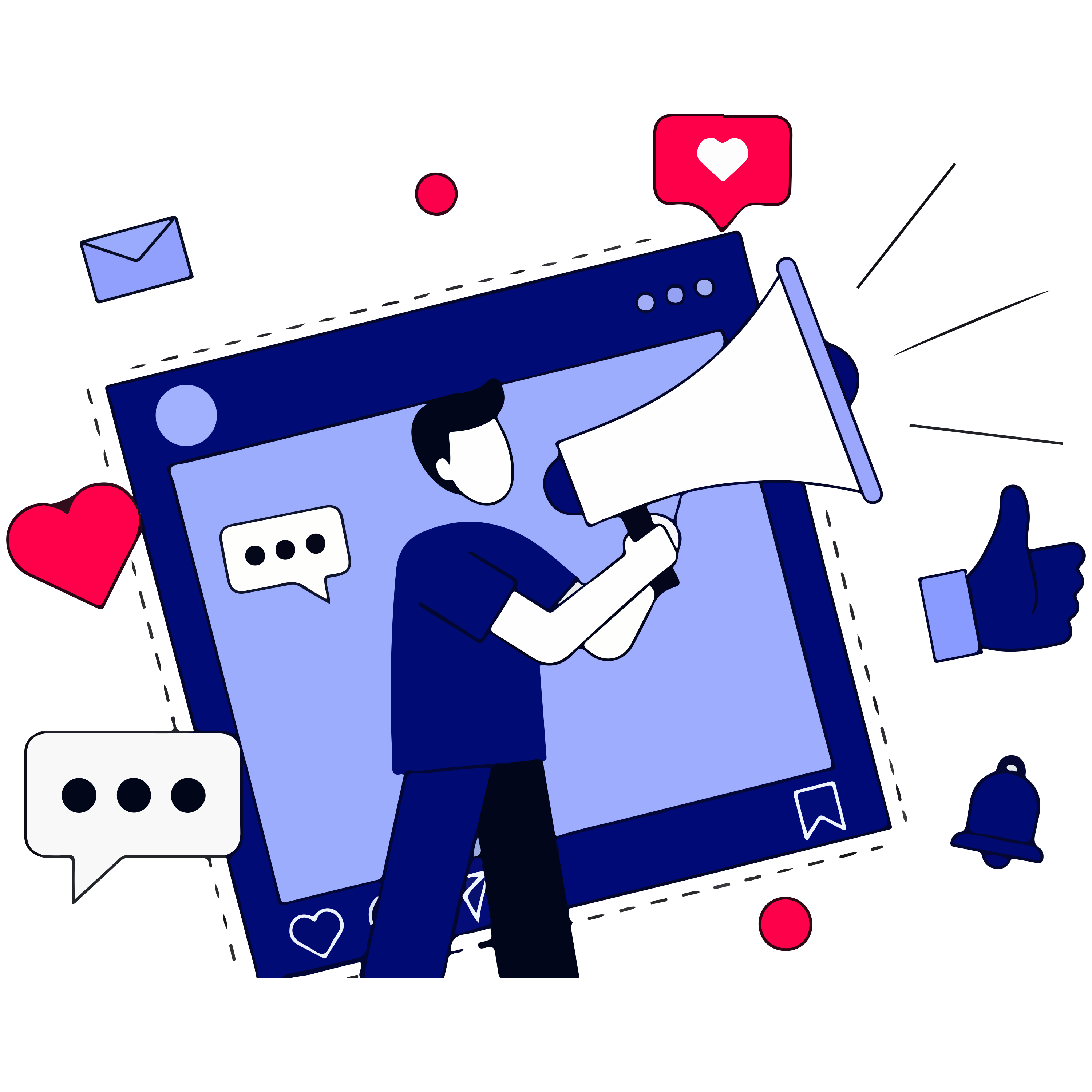 Uma pessoa segurando um megafone em frente a uma grande interface de rede social.