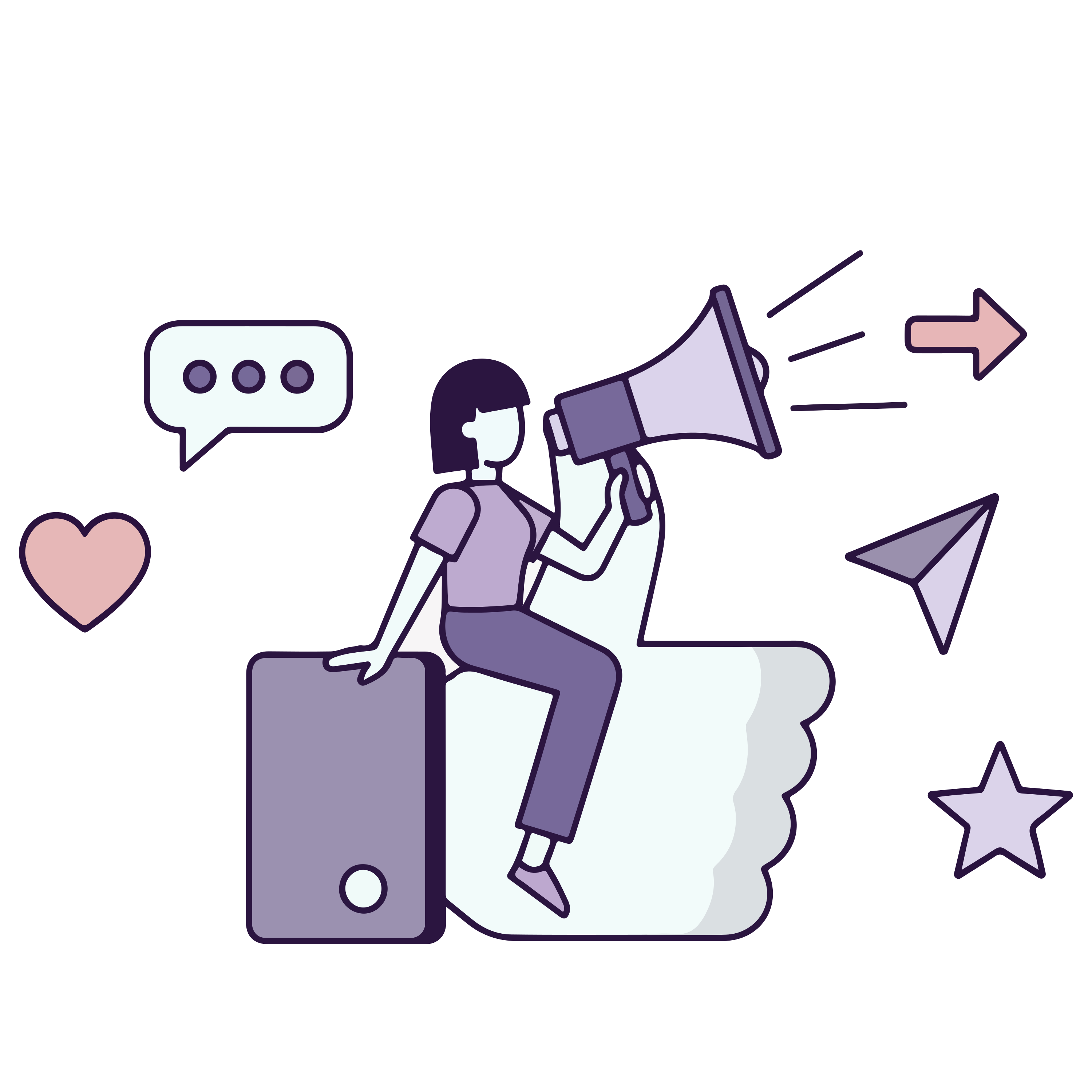 Seseorang duduk di atas ikon jempol besar sambil memegang megafon