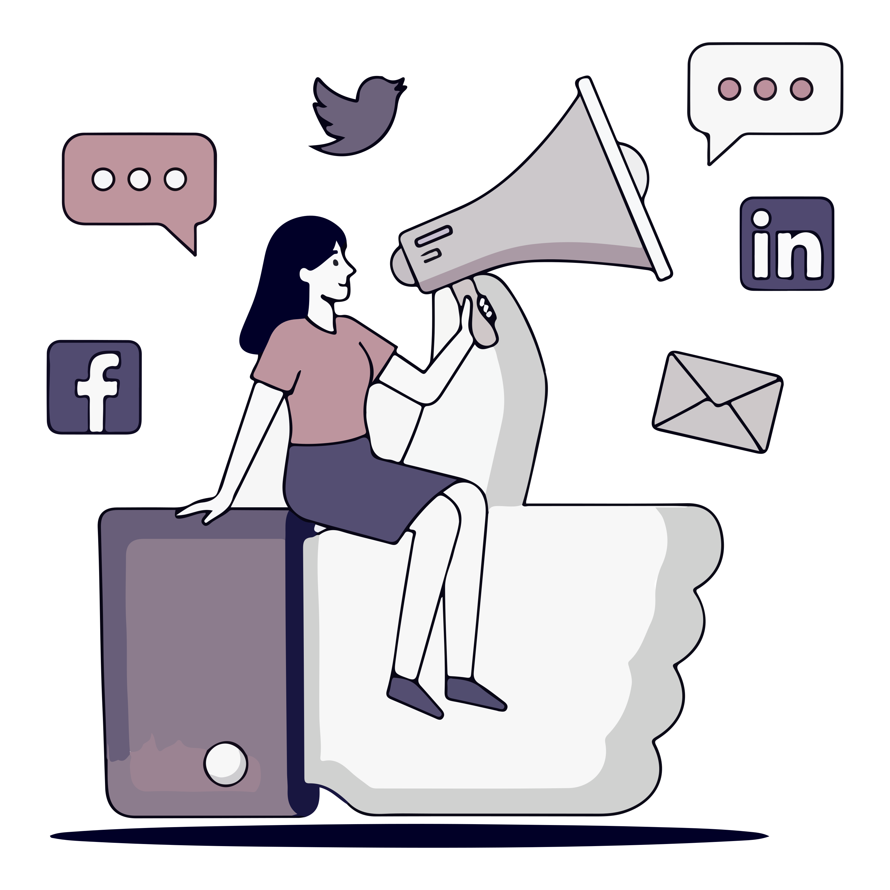 Uma pessoa sentada em um grande ícone de joinha segurando um megafone com ícones de redes sociais
