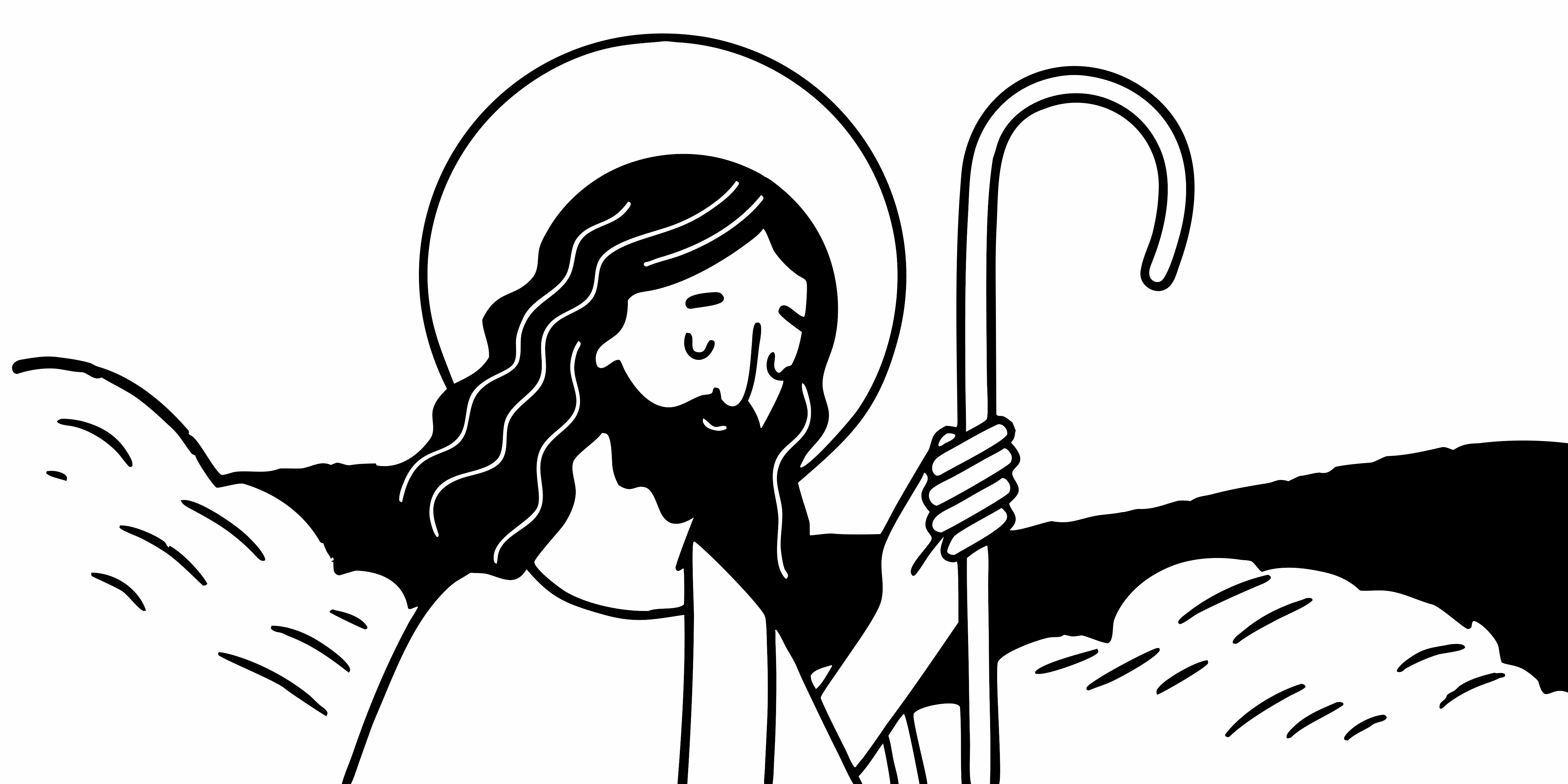 A person with long hair and a beard holding a shepherd's crook.