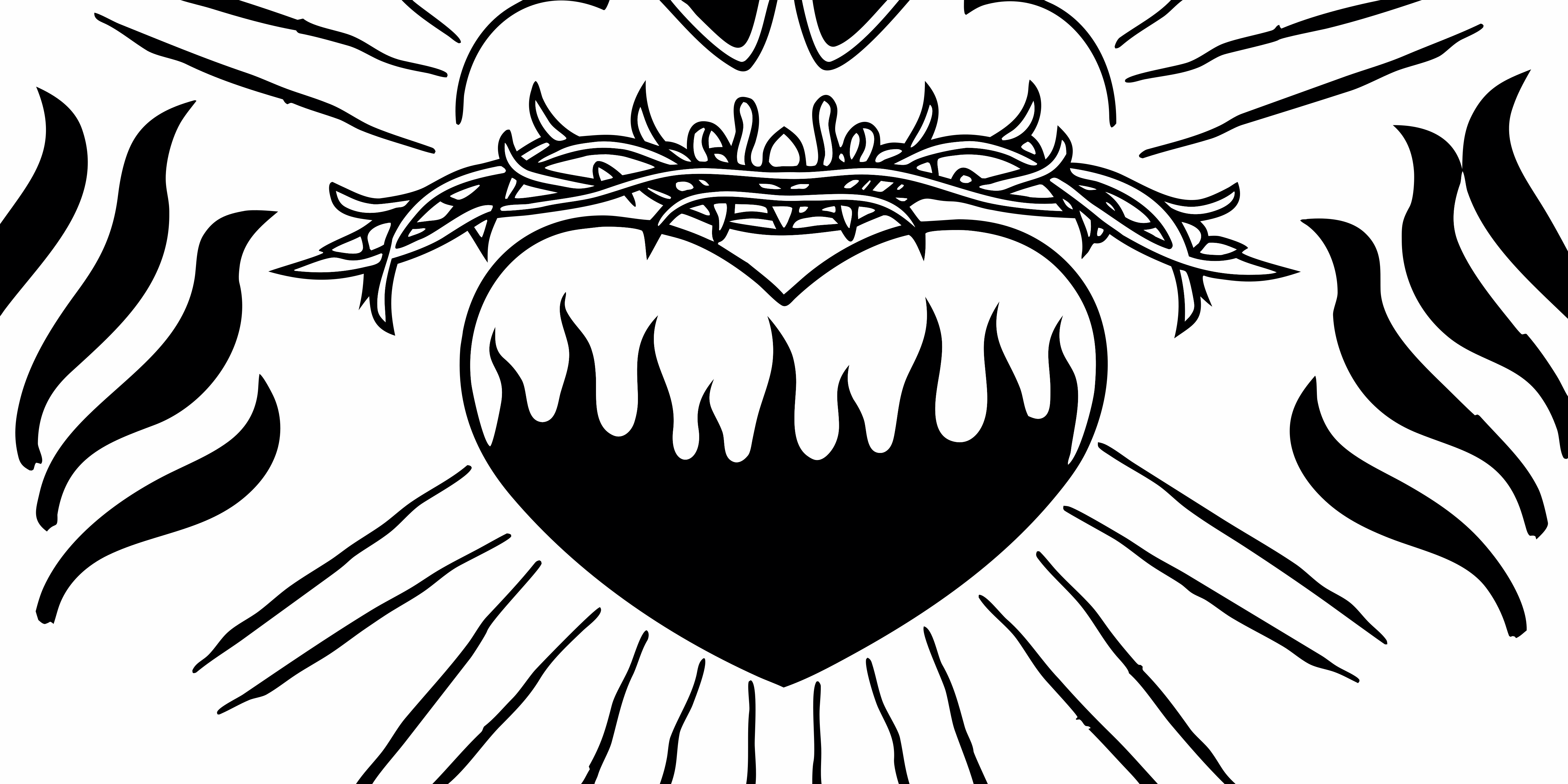 A black and white line drawing of a heart encircled by a crown of thorns