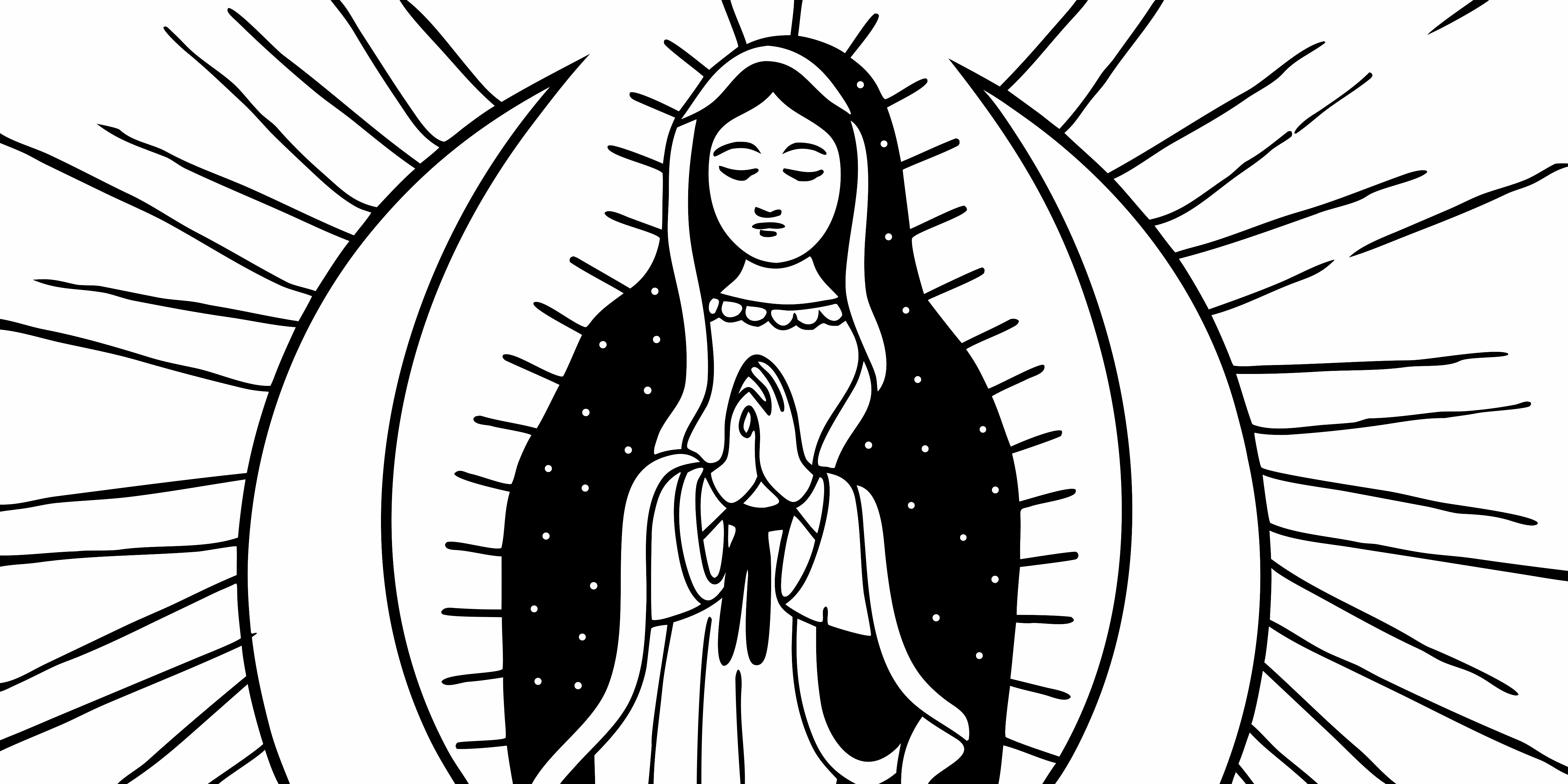 Un dessin en noir et blanc d’une femme avec les mains en prière