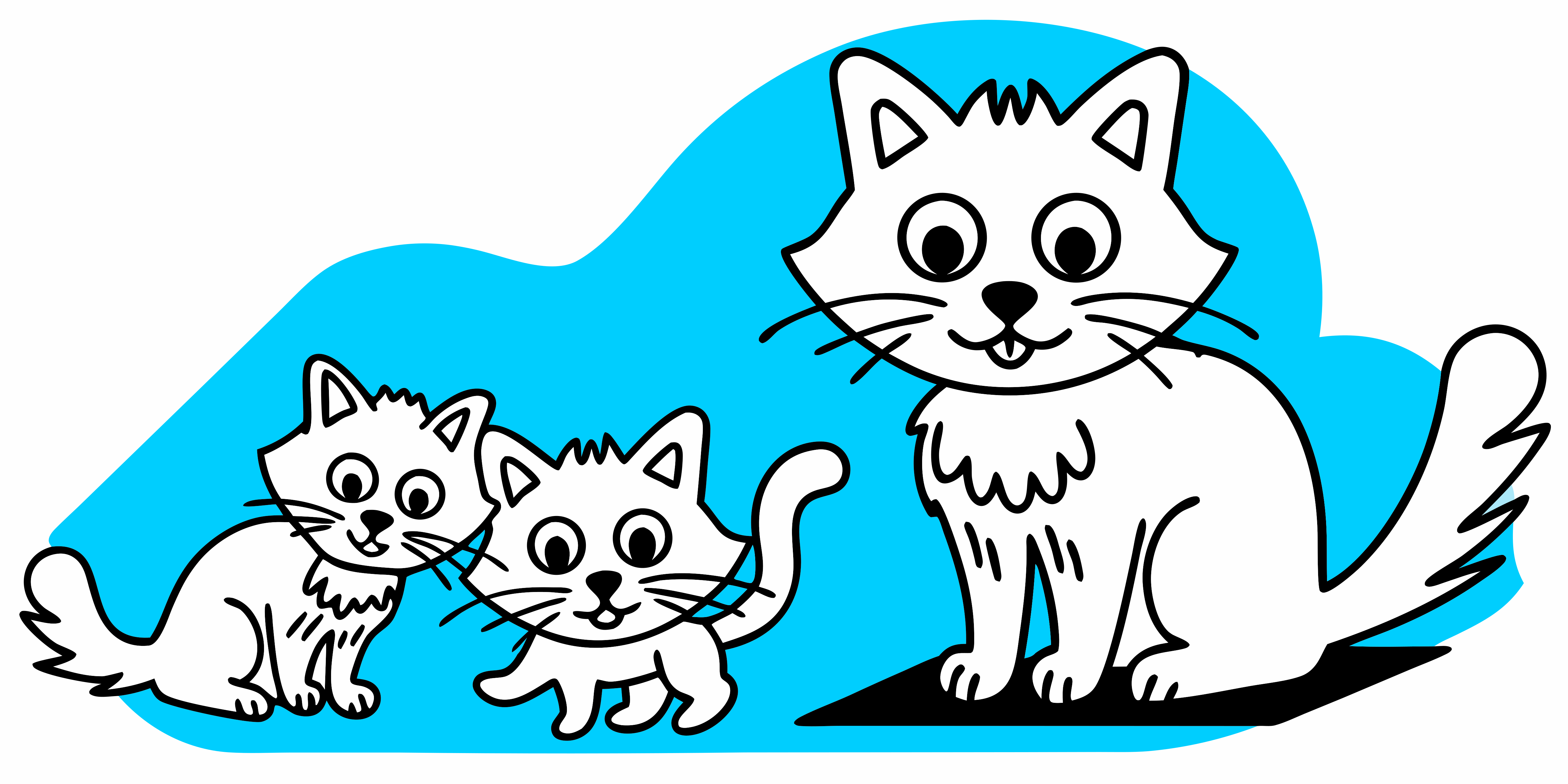 Seekor kucing besar dan dua anak kucing di latar belakang biru cerah.