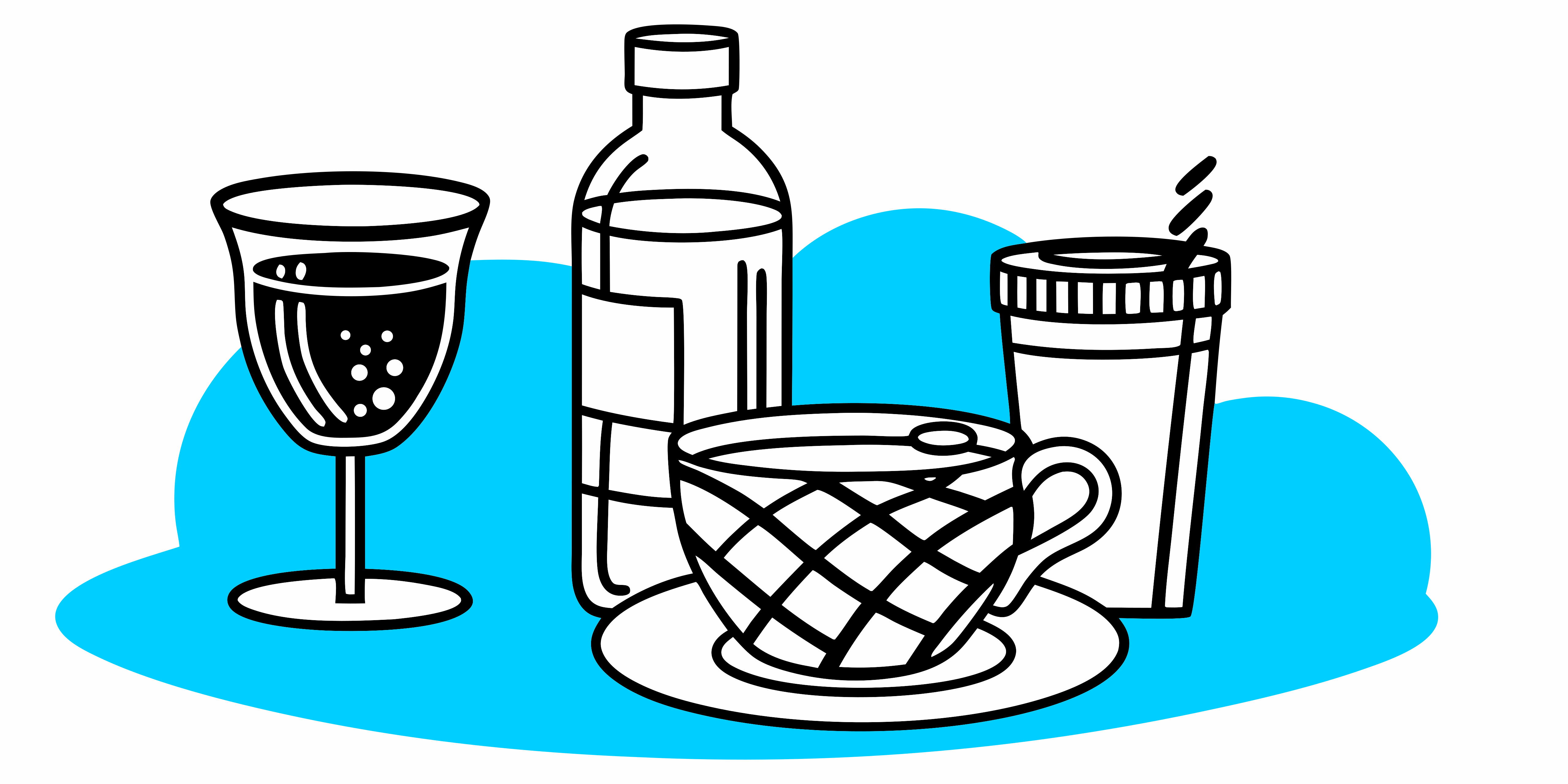 Un bicchiere di vino, una bottiglia, una tazza da tè a motivo e una tazza su blu