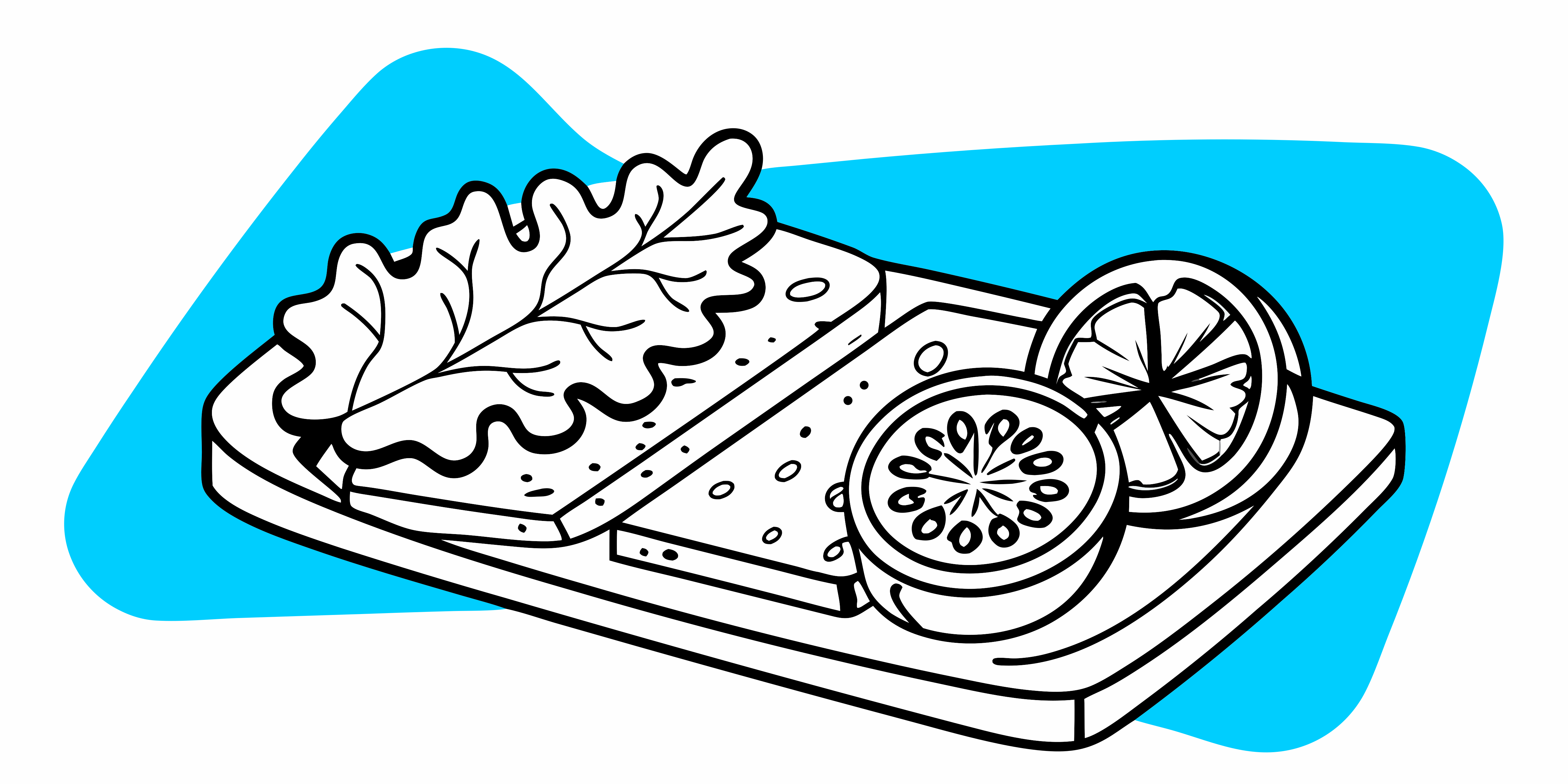 Um desenho linear de uma folha de alface, fatias de queijo e metades de tomate