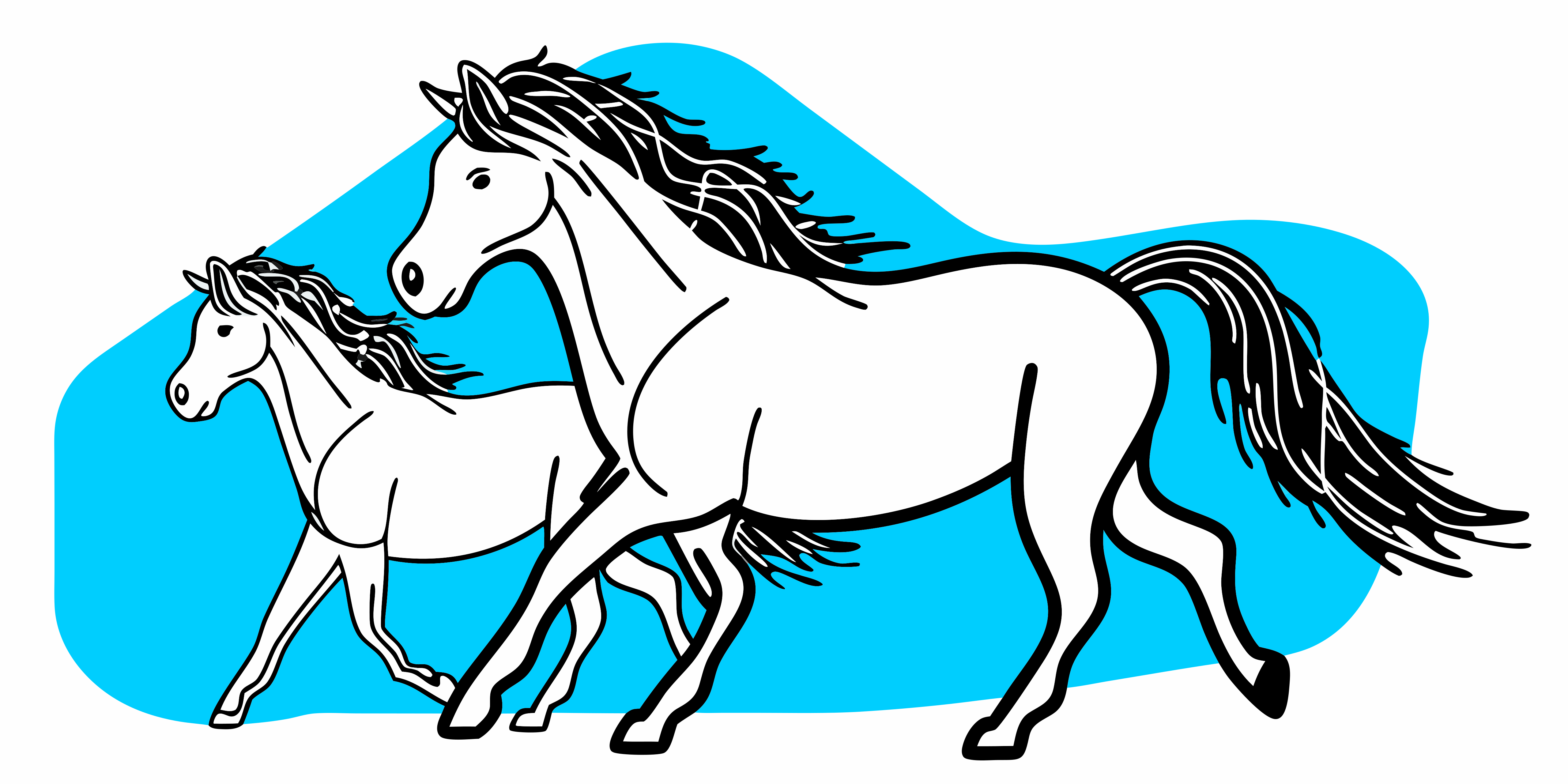 Dos caballos corriendo sobre un fondo azul brillante