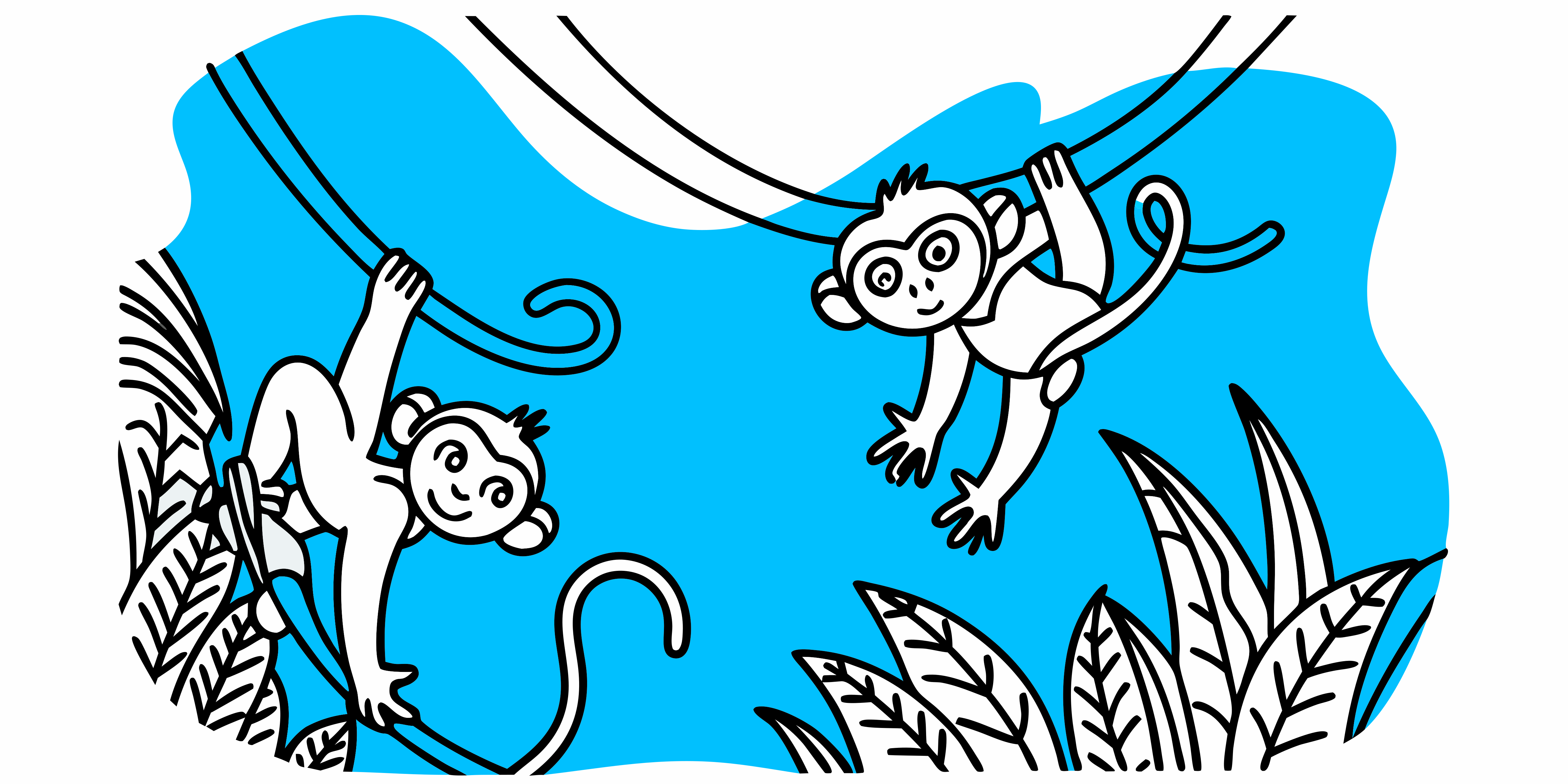 Dois macacos pendurados em cipós acima de folhas tropicais contra um fundo azul brilhante.