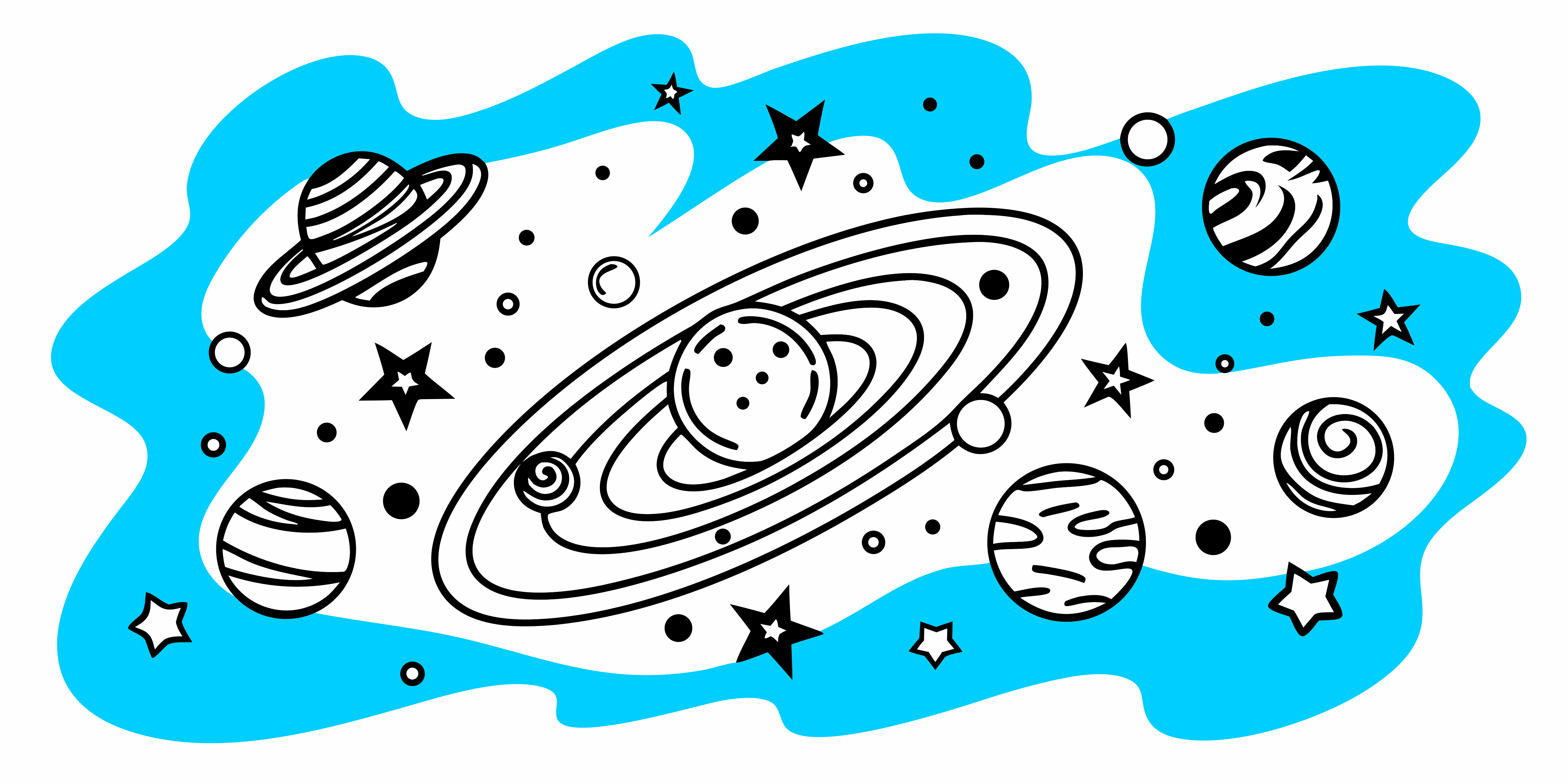 Pianeti e stelle in una scena spaziale stilizzata con forme astratte blu
