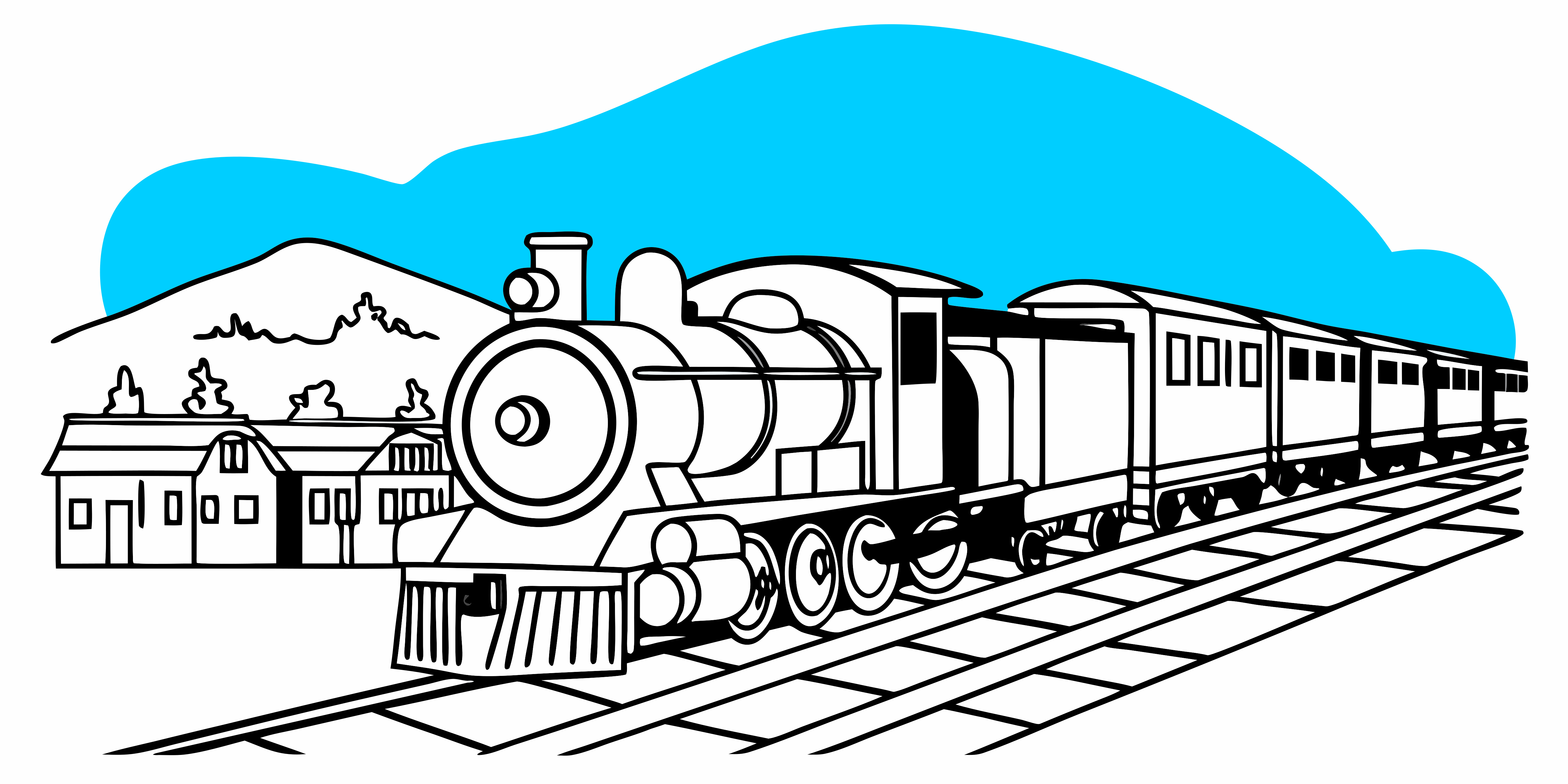 Une locomotive à vapeur tirant des voitures de passagers devant une petite ville sous un ciel bleu