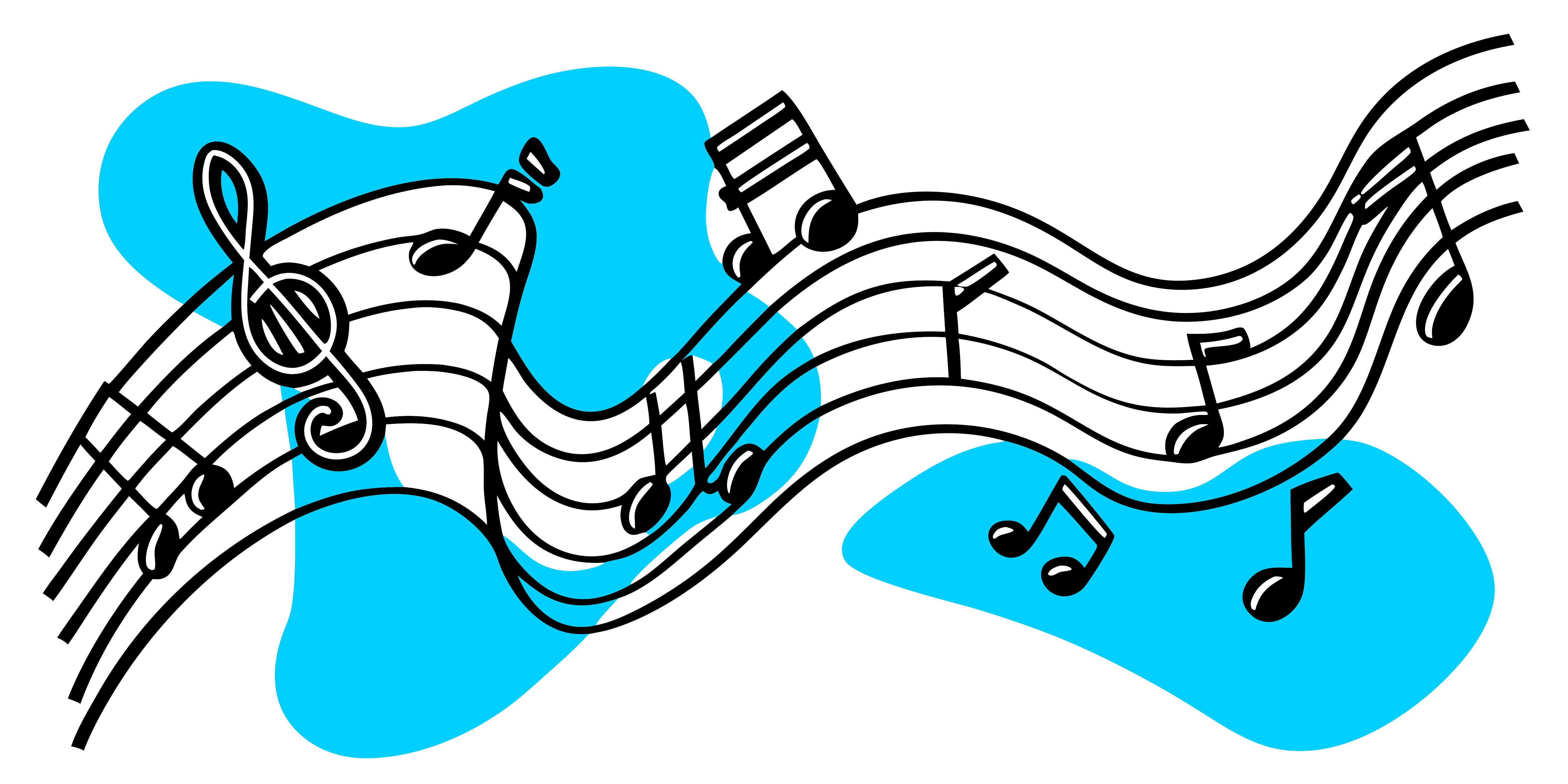 Black musical notes on a wavy staff against bright blue abstract shapes