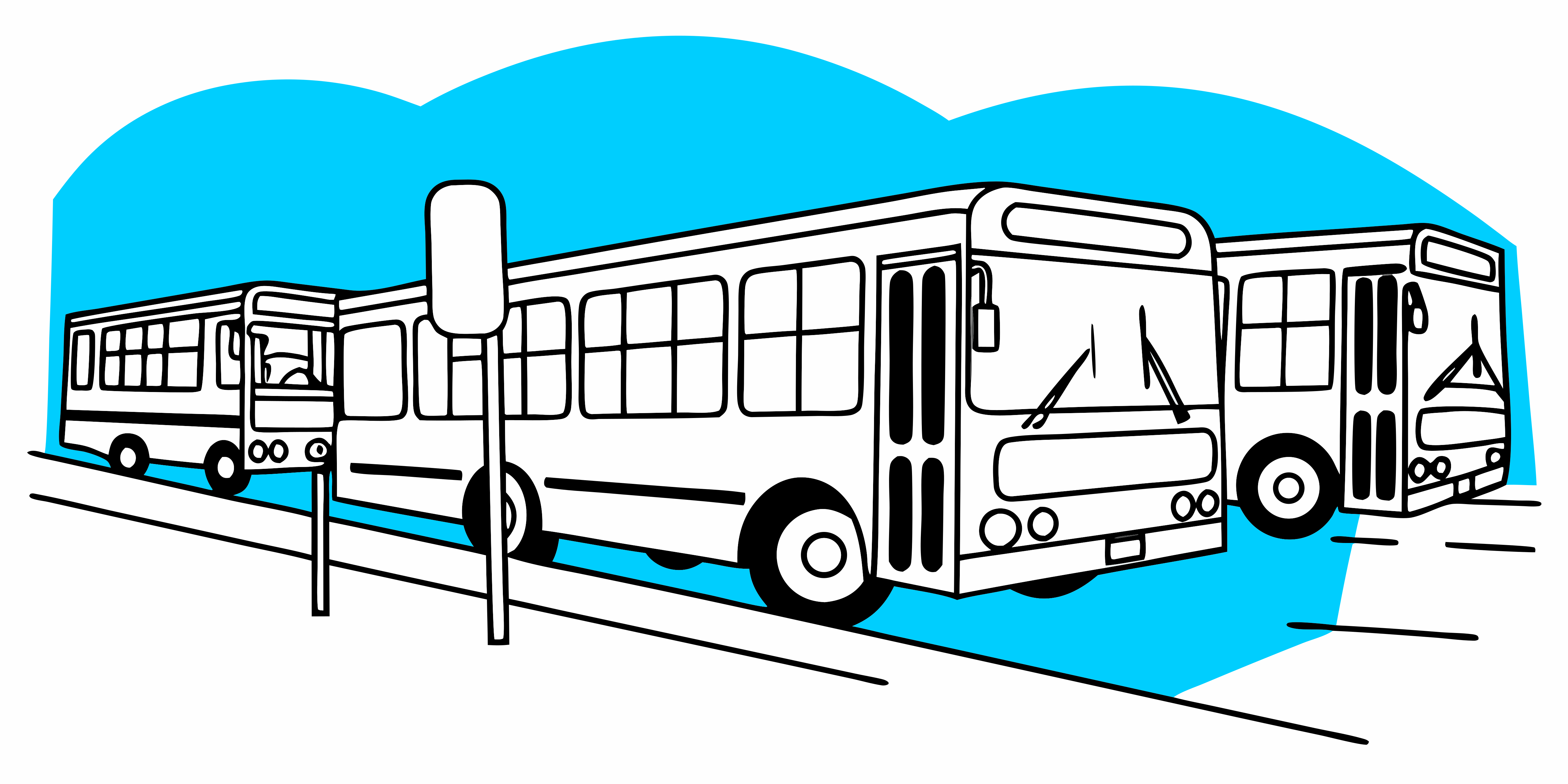 Trois bus garés en rangée sur un fond bleu vif