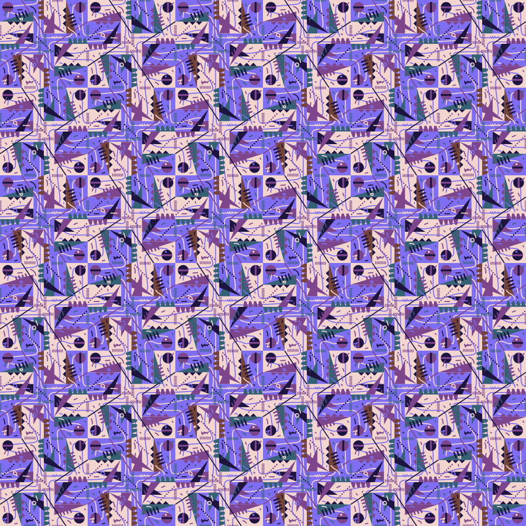 Um padrão contínuo de formas geométricas em tons de roxo, azul e creme
